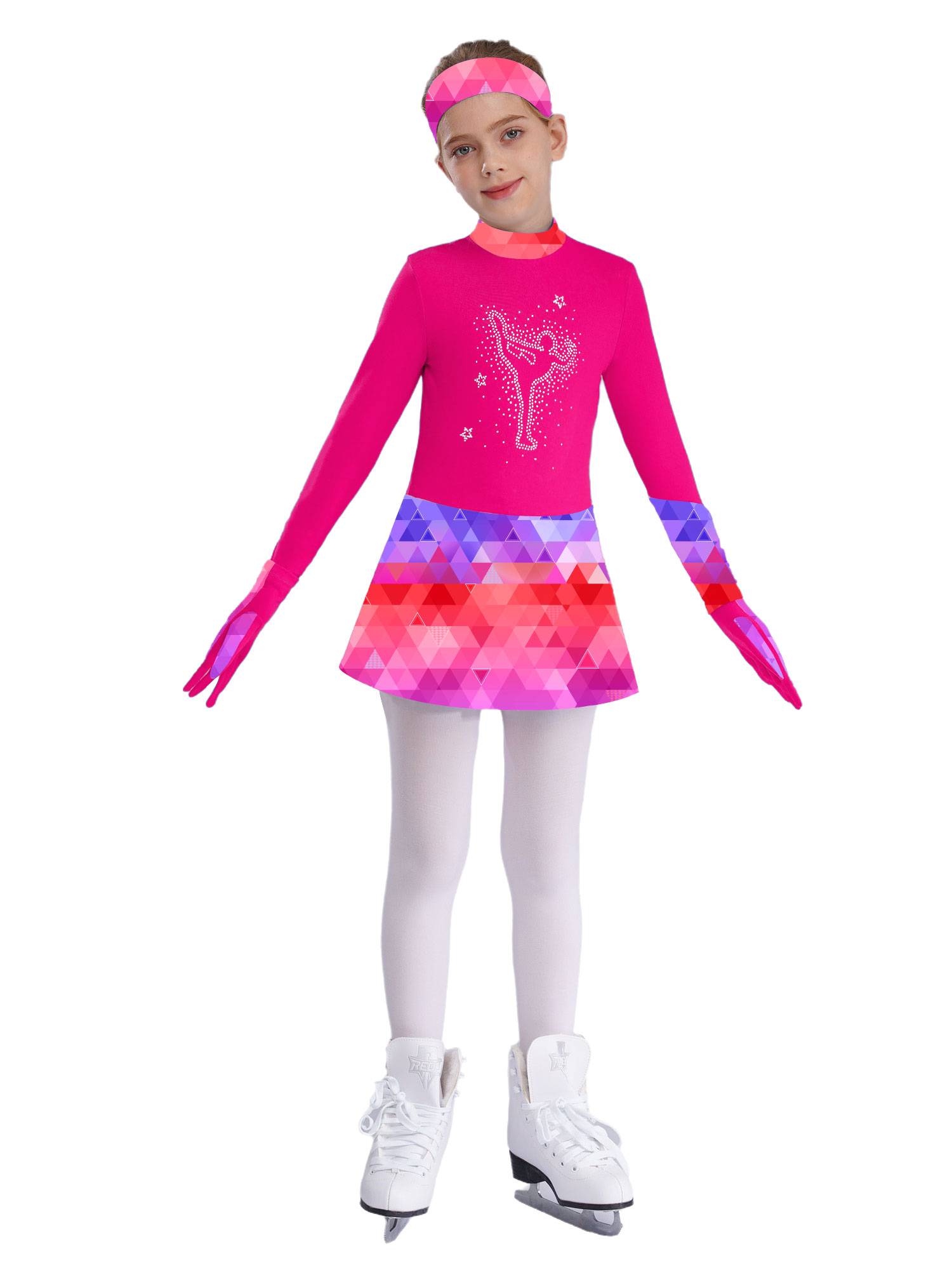 Kids Girls Long Sleeve Shiny Rhinestones Skating Dress with Gloves Headband