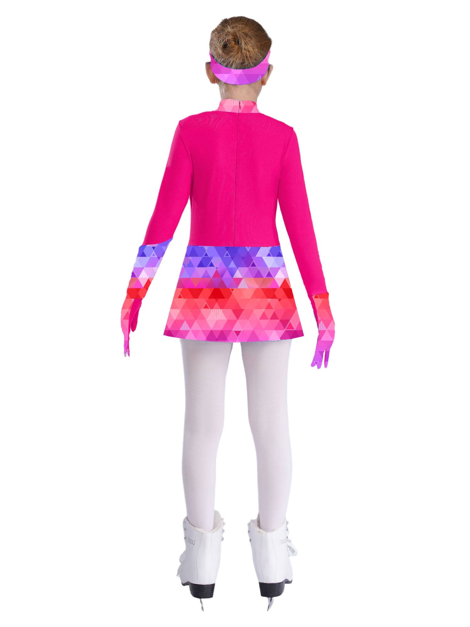 Kids Girls Long Sleeve Shiny Rhinestones Skating Dress with Gloves Headband