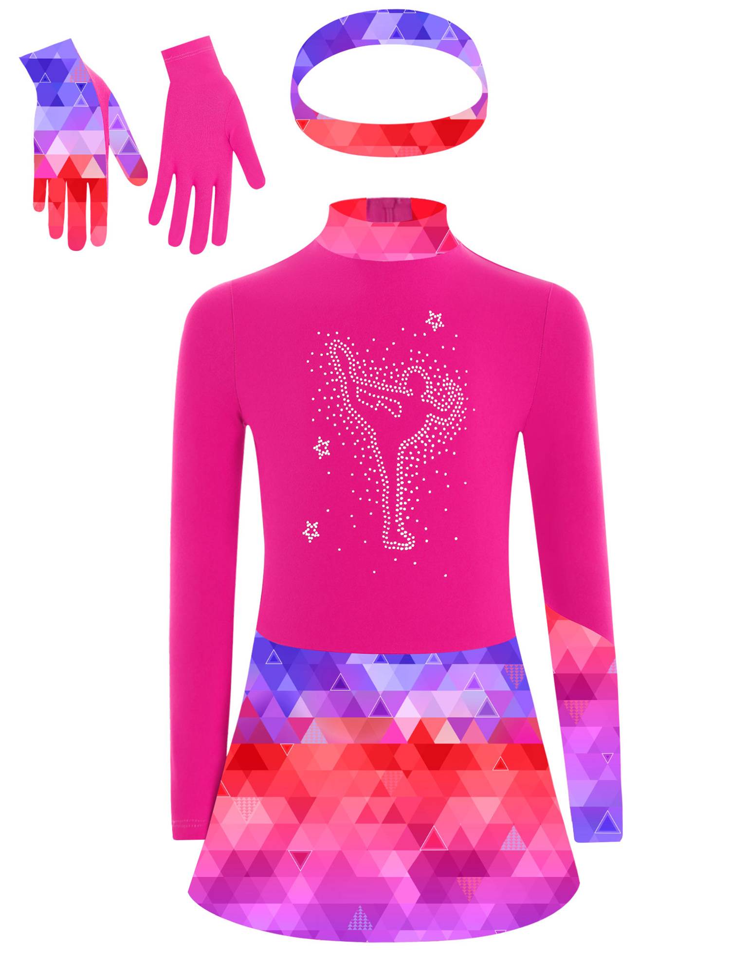 Kids Girls Long Sleeve Shiny Rhinestones Skating Dress with Gloves Headband