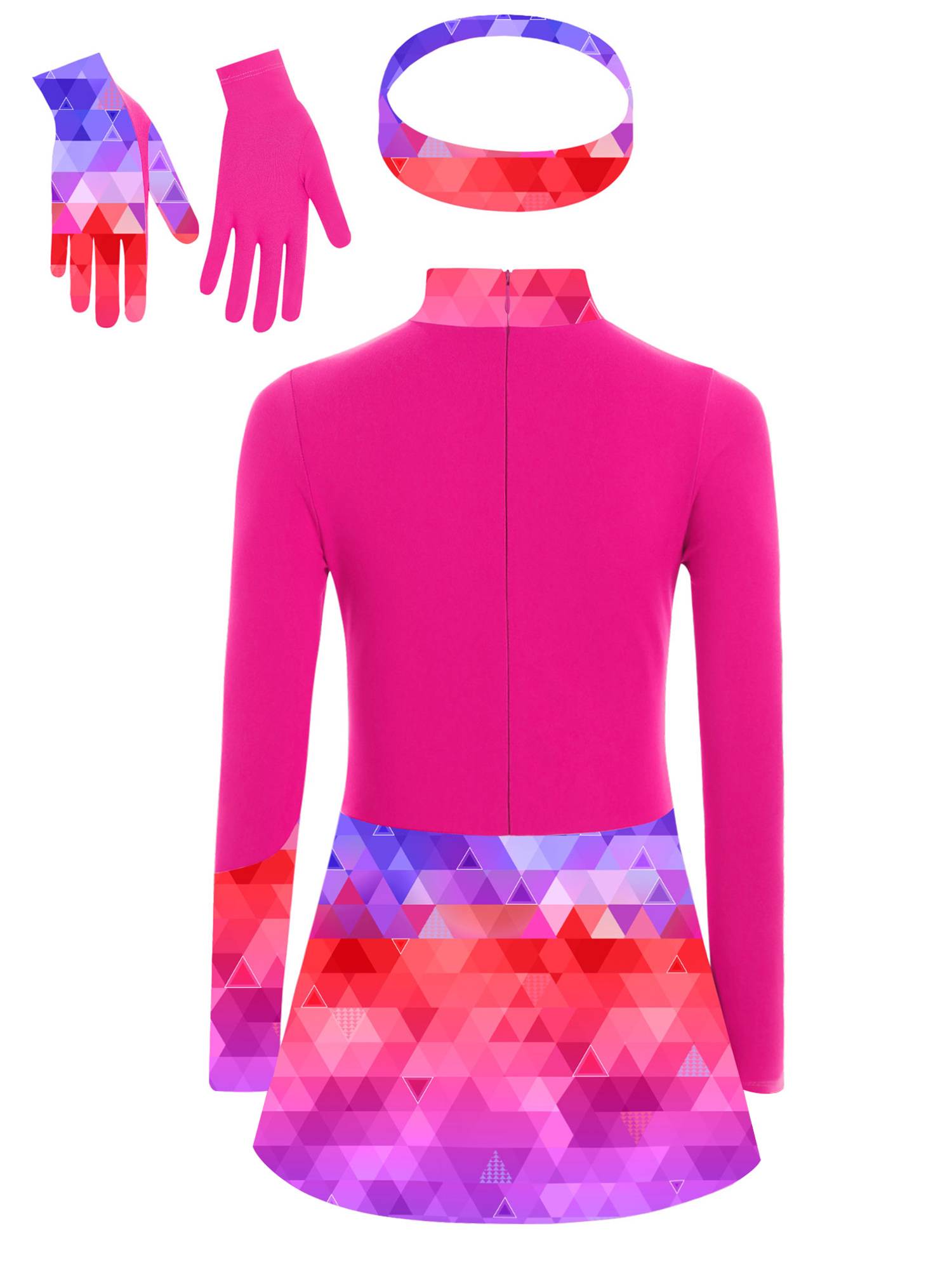 Kids Girls Long Sleeve Shiny Rhinestones Skating Dress with Gloves Headband