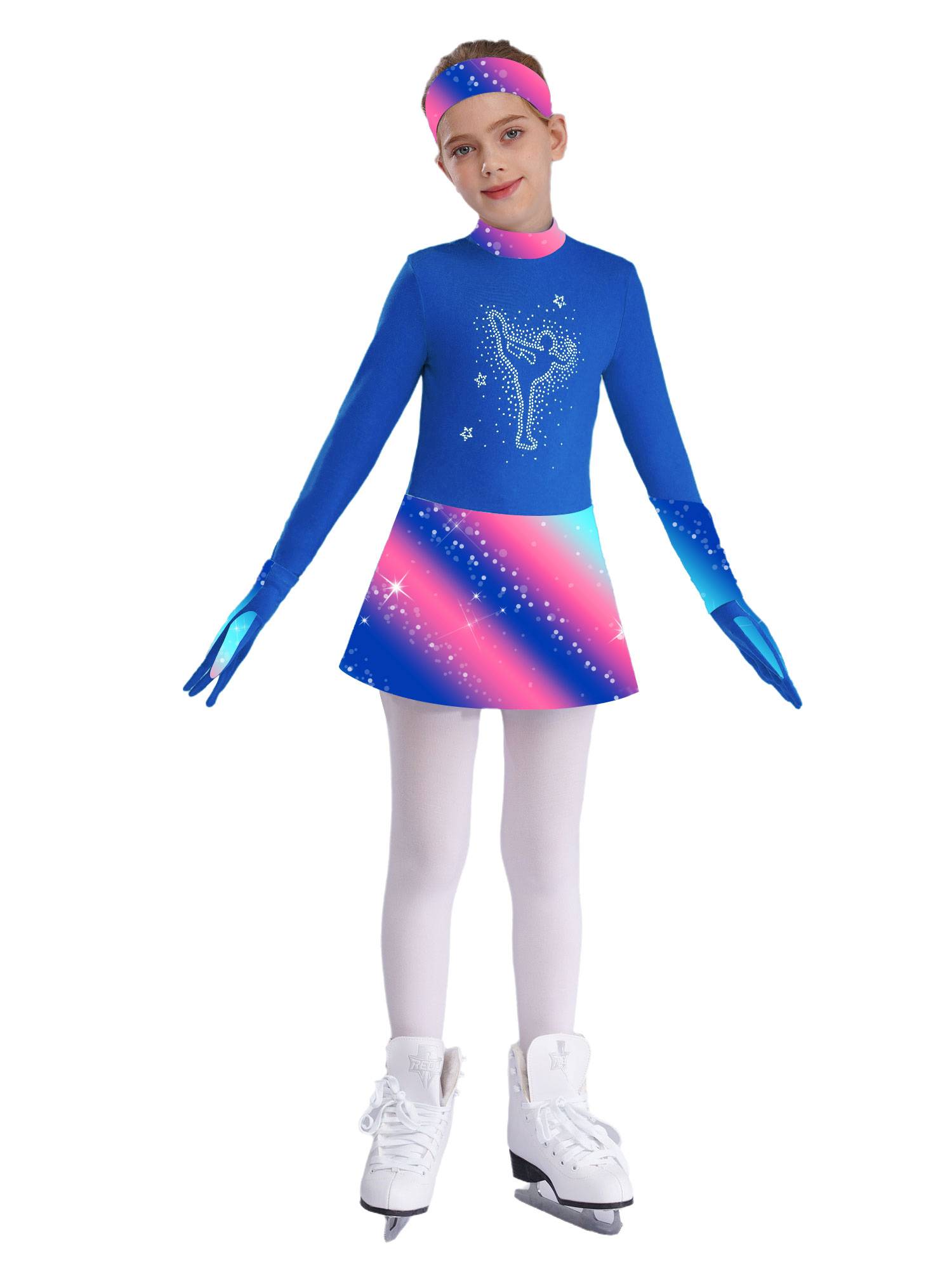 Kids Girls Long Sleeve Shiny Rhinestones Skating Dress with Gloves Headband