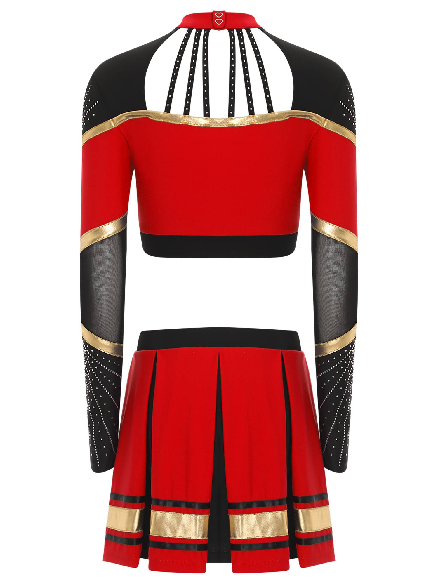 Women 2pcs Cheerleading Outfit Long Sleeve Sequins Crop Top and Pleated Skirt