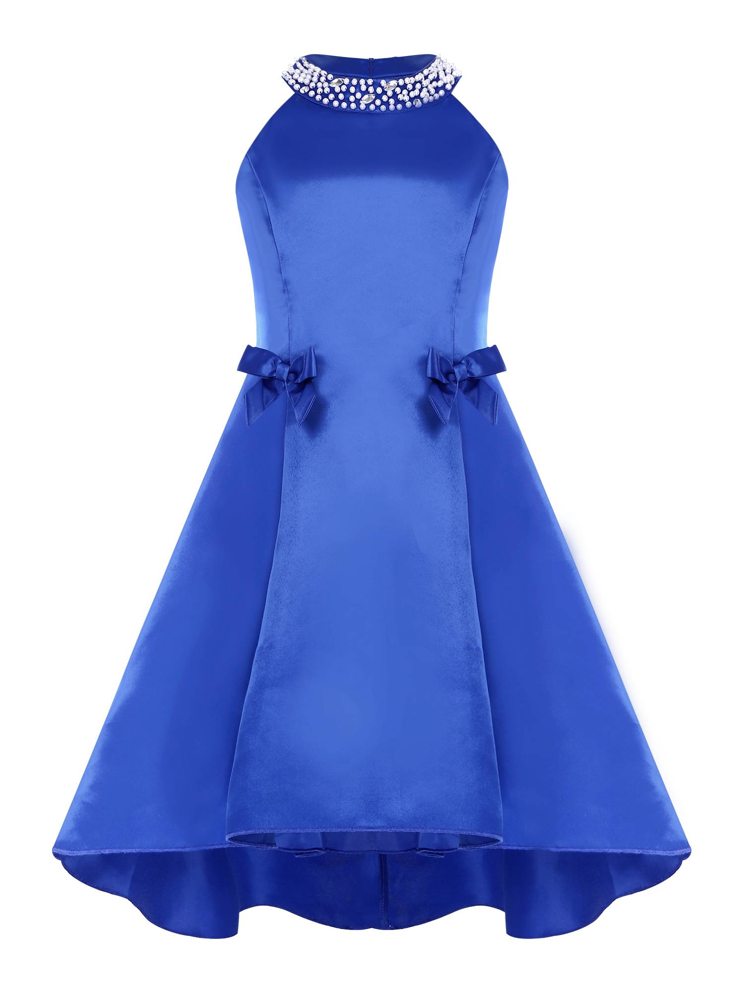 Girls sleeveless Halter Neck Bowknot Beaded Flower Knee Length Party Dress