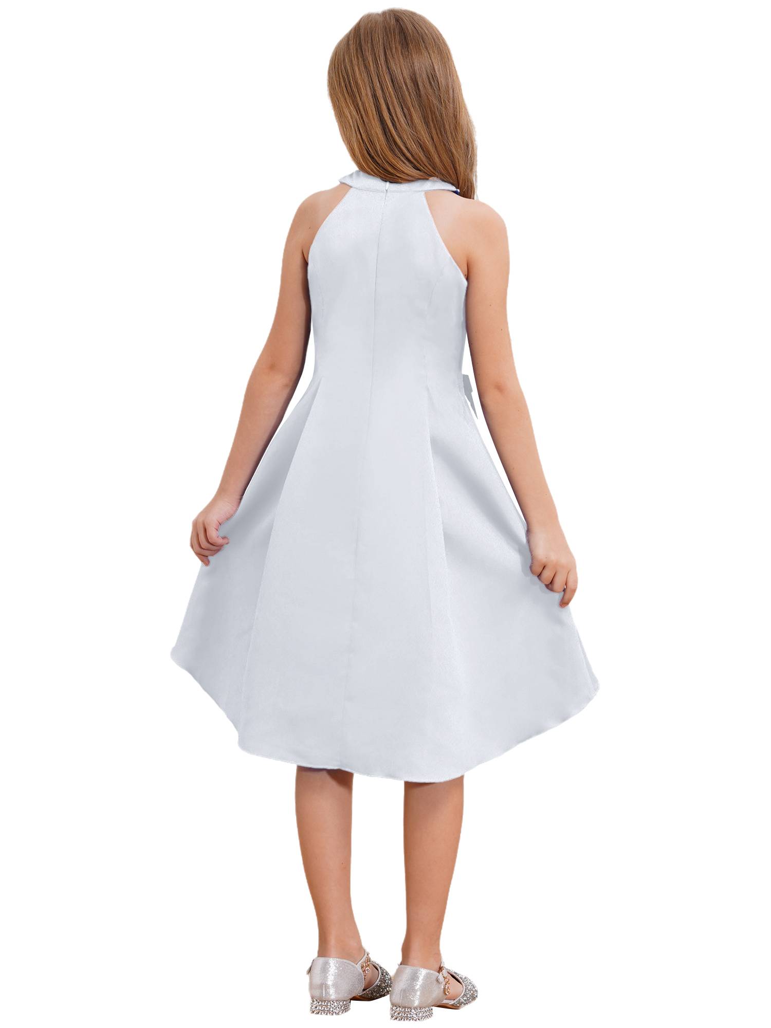 Girls sleeveless Halter Neck Bowknot Beaded Flower Knee Length Party Dress