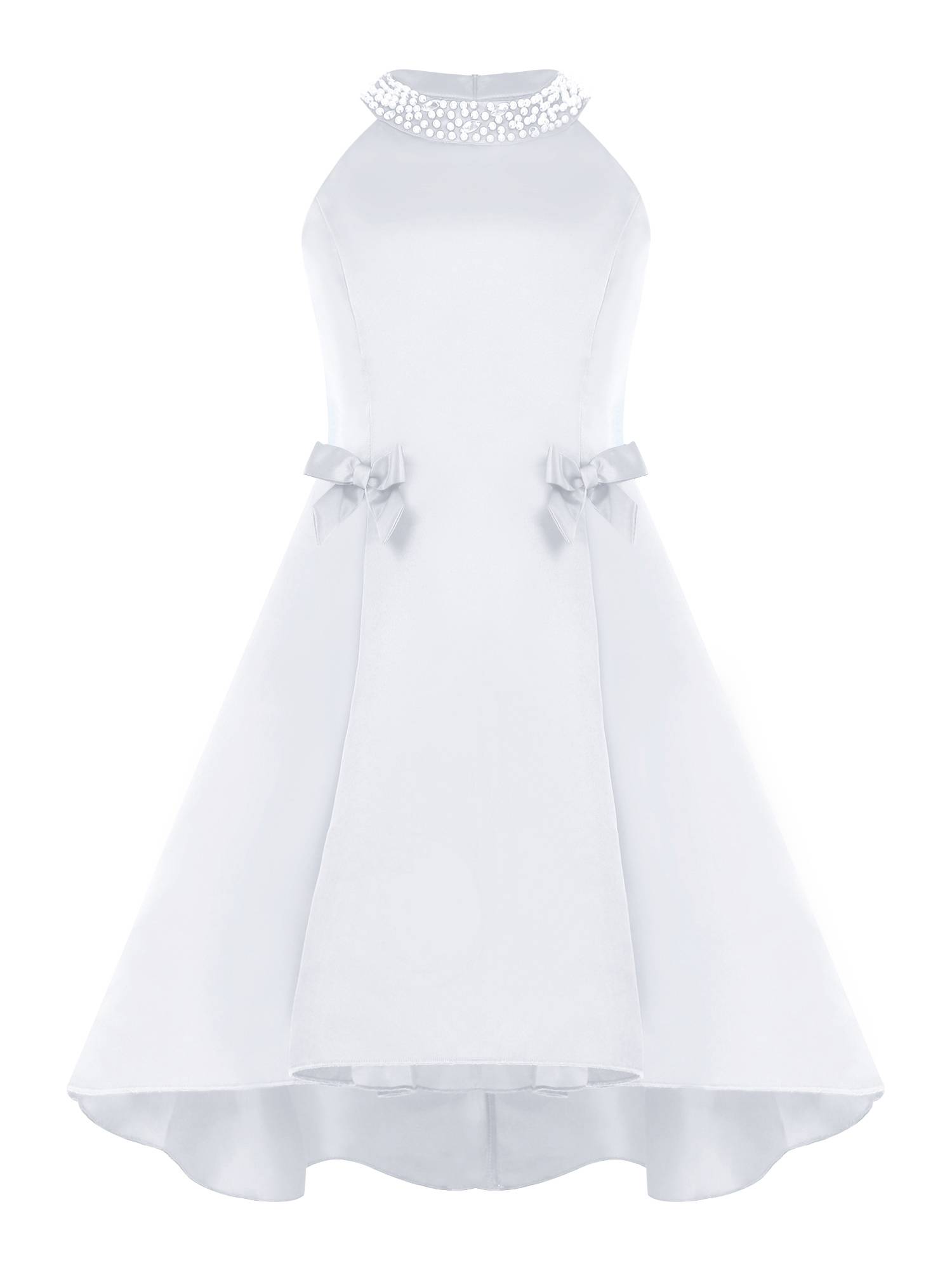 Girls sleeveless Halter Neck Bowknot Beaded Flower Knee Length Party Dress