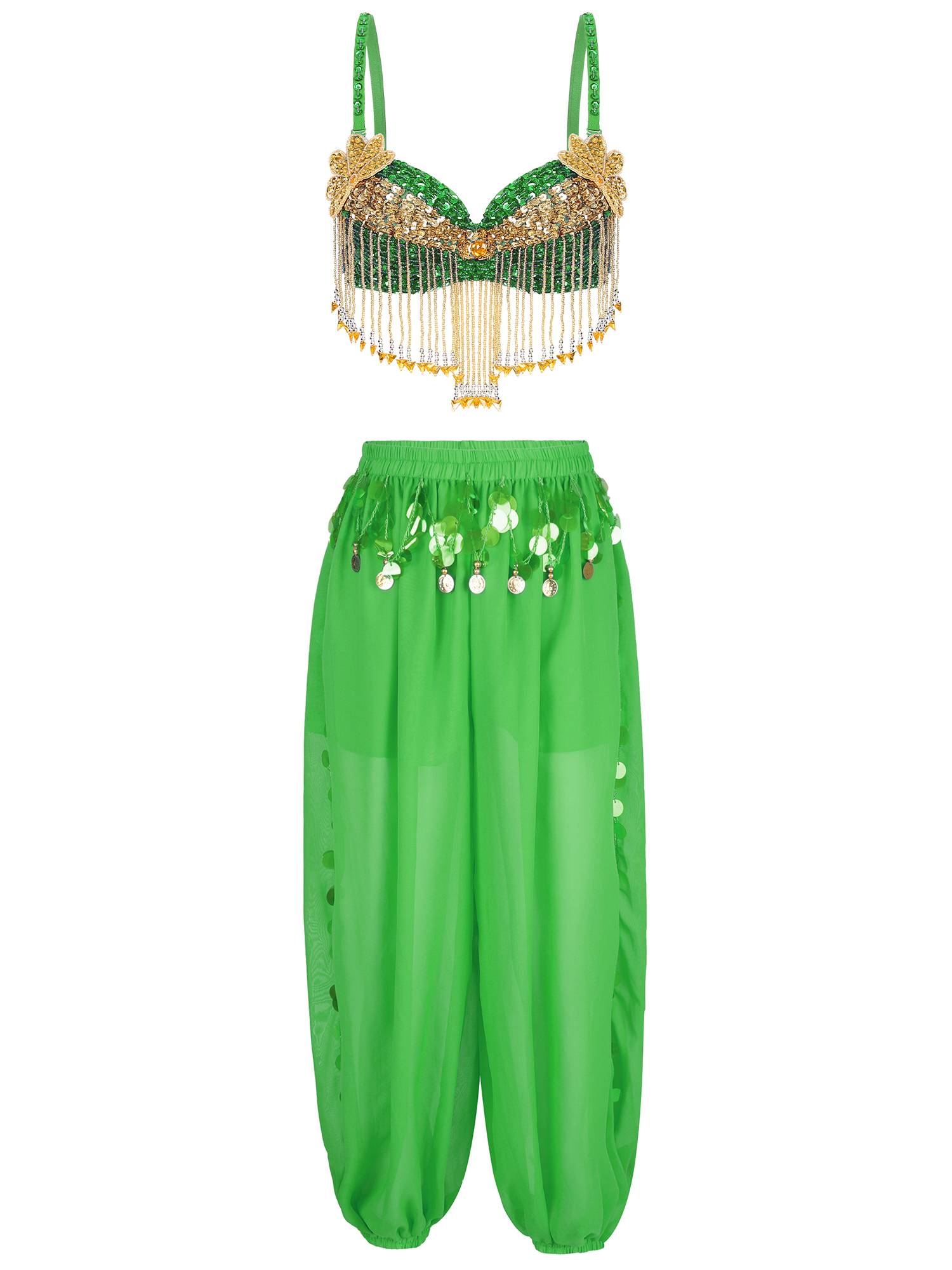 Women 2pcs Sequins Beaded Tassels Bra and Side Split Pants Belly Dance Set