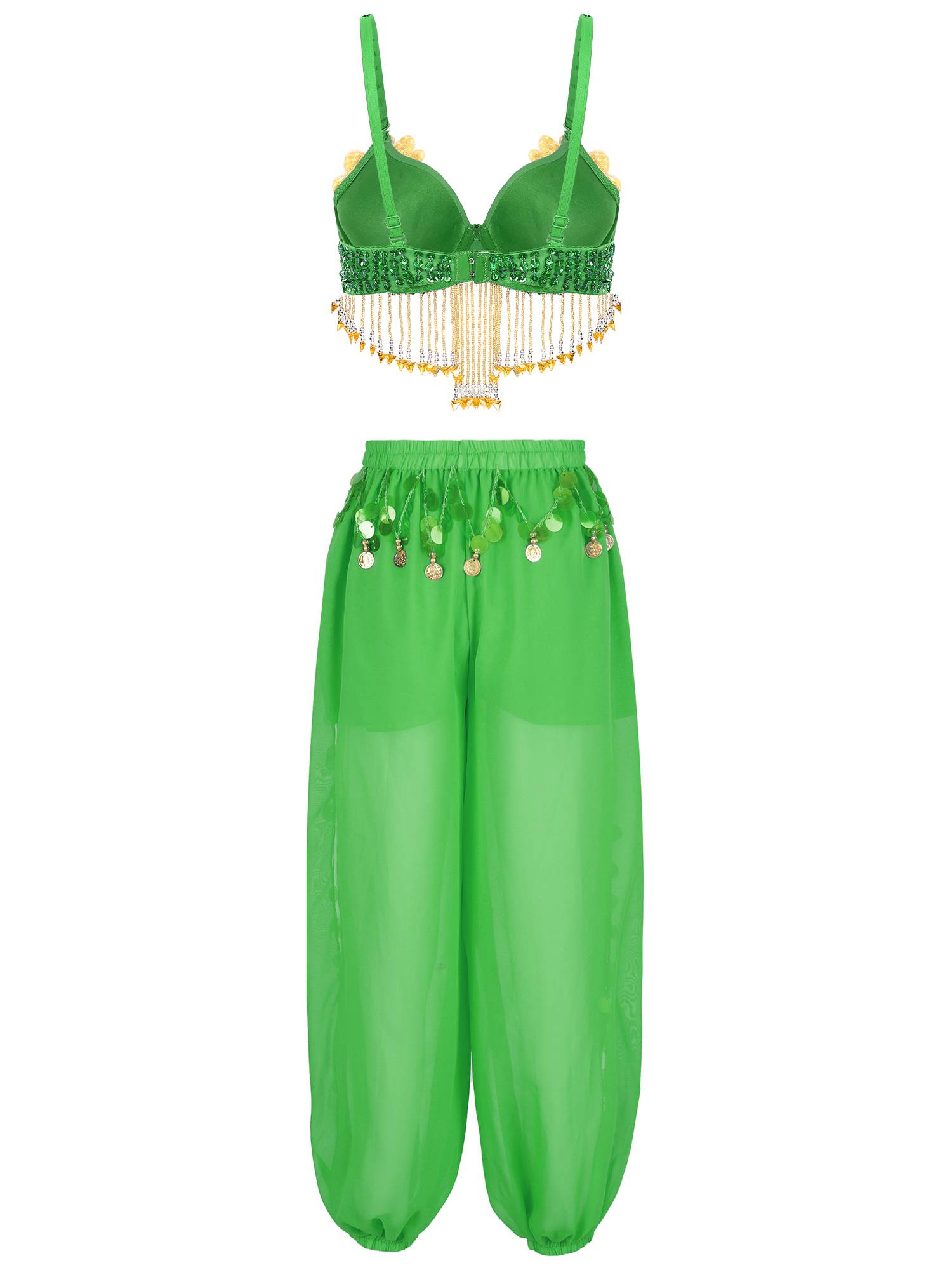 Women 2pcs Sequins Beaded Tassels Bra and Side Split Pants Belly Dance Set
