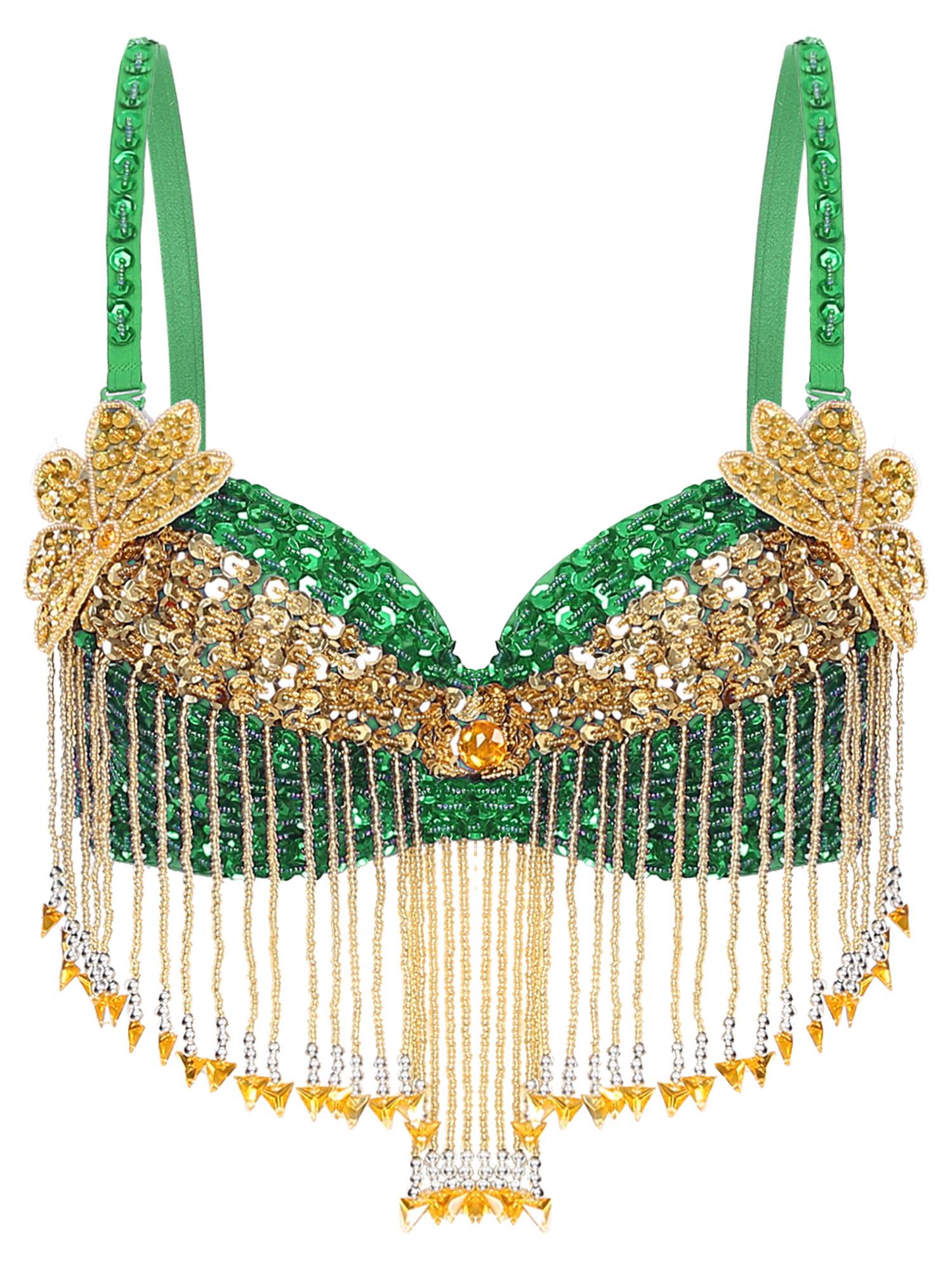 Women 2pcs Sequins Beaded Tassels Bra and Side Split Pants Belly Dance Set