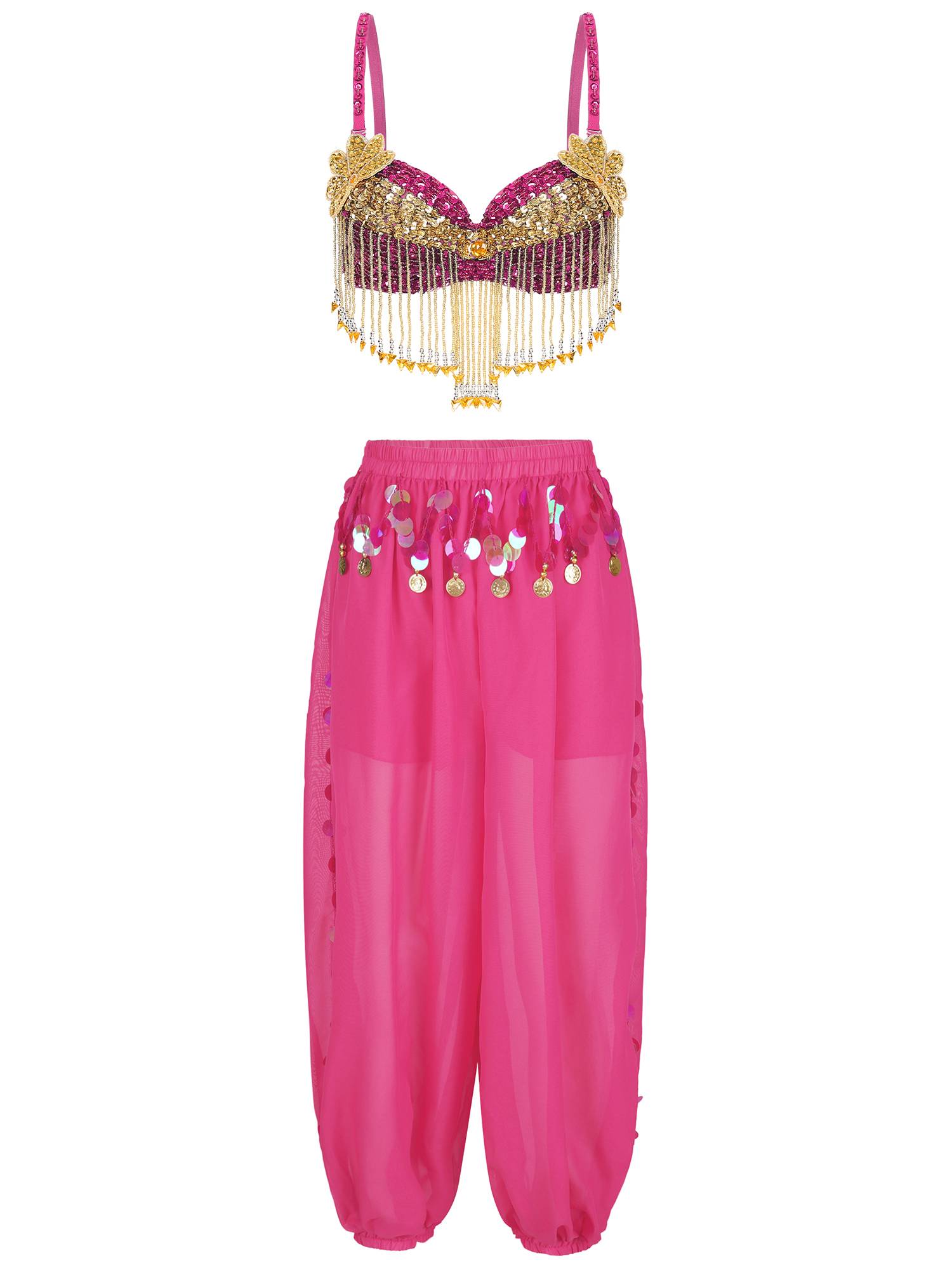 Women 2pcs Sequins Beaded Tassels Bra and Side Split Pants Belly Dance Set