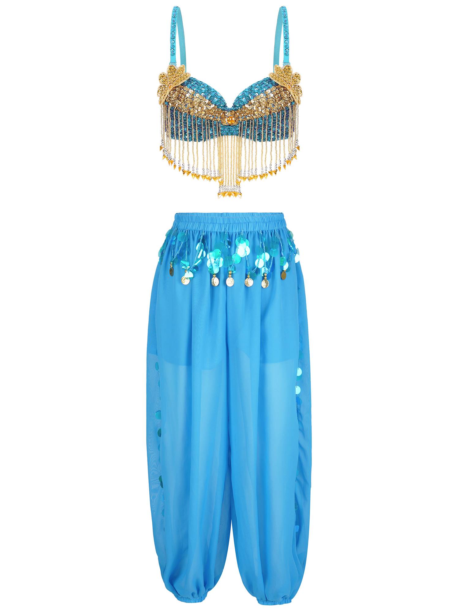 Women 2pcs Sequins Beaded Tassels Bra and Side Split Pants Belly Dance Set