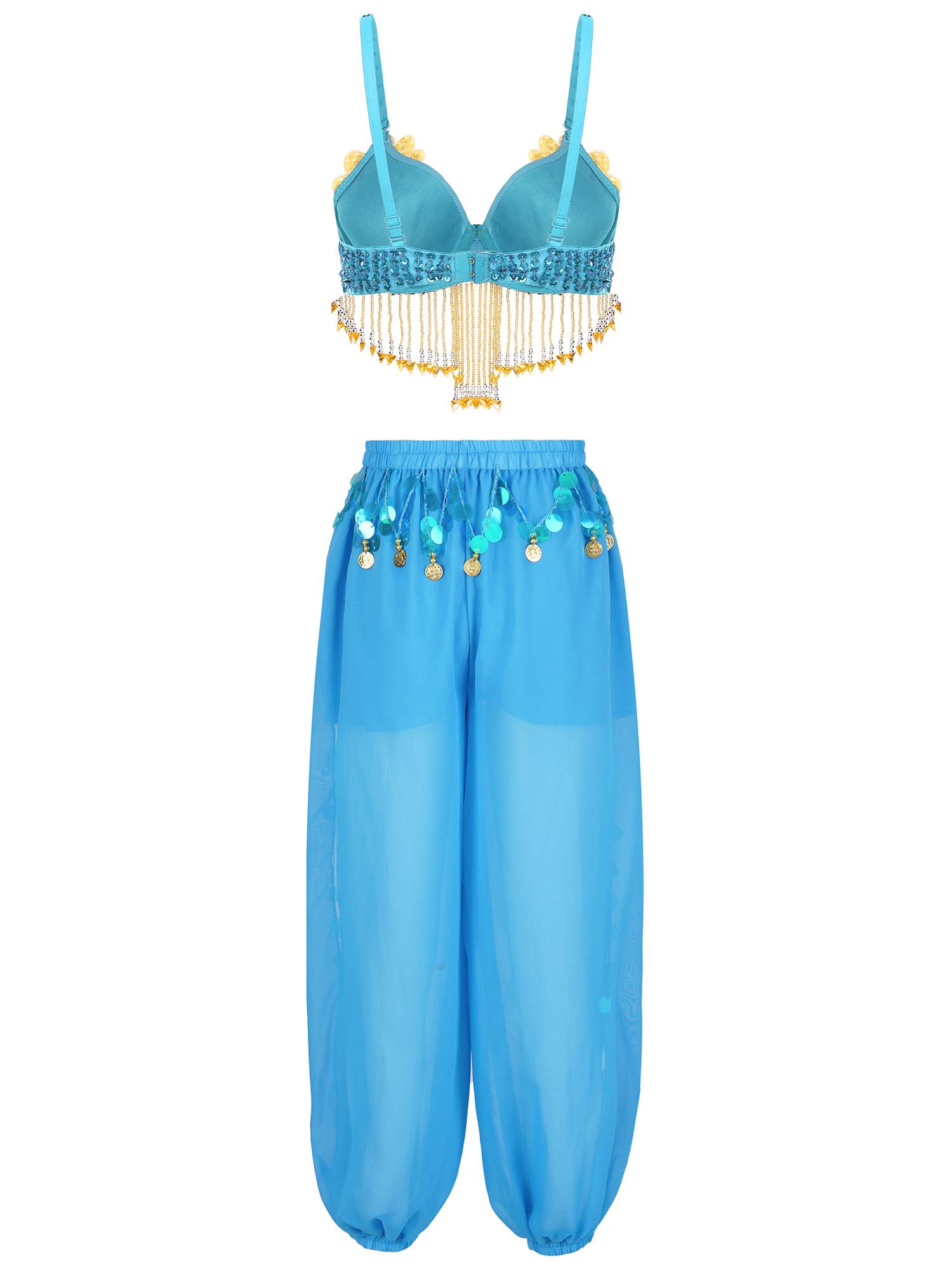 Women 2pcs Sequins Beaded Tassels Bra and Side Split Pants Belly Dance Set