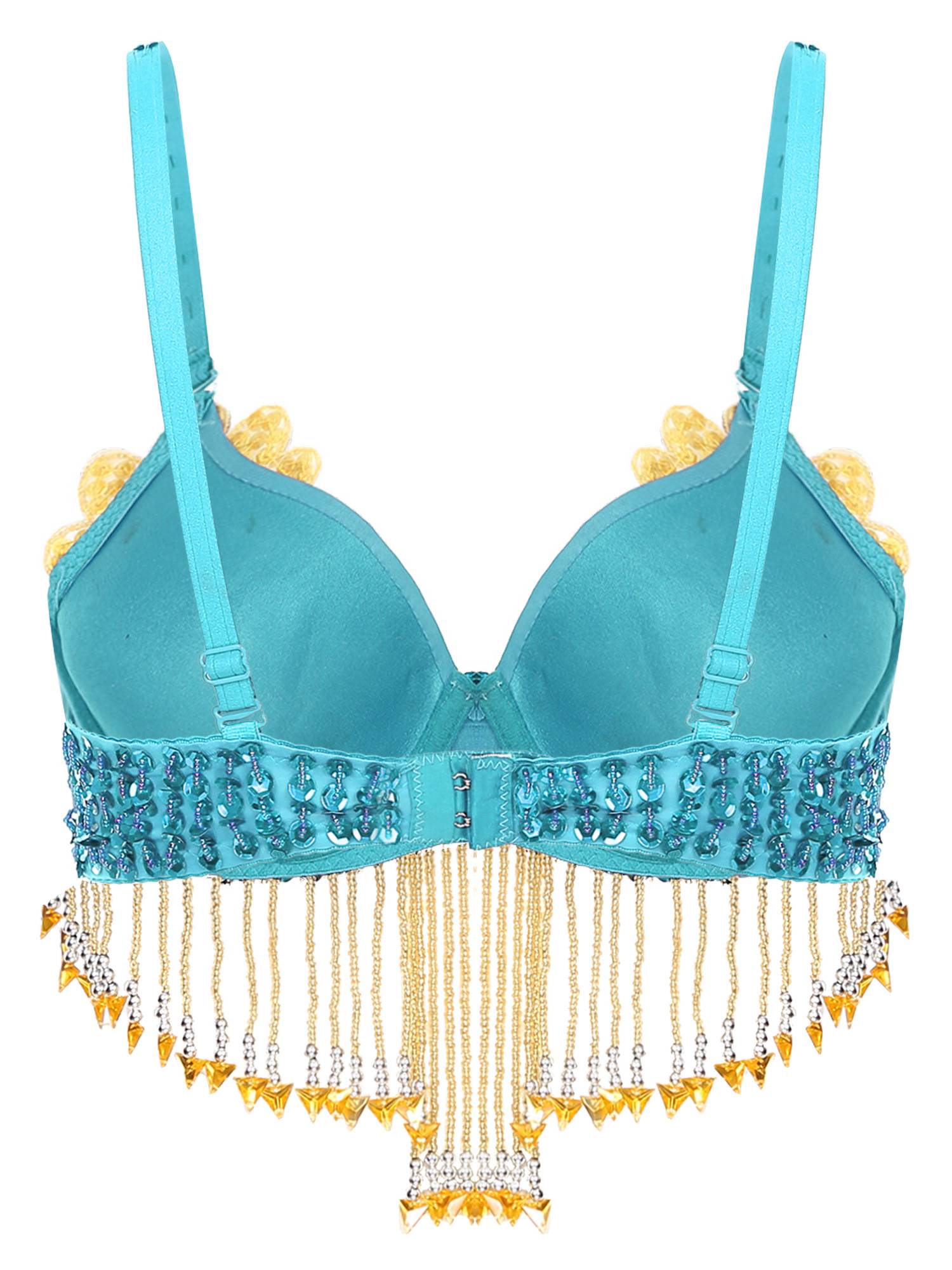 Women 2pcs Sequins Beaded Tassels Bra and Side Split Pants Belly Dance Set