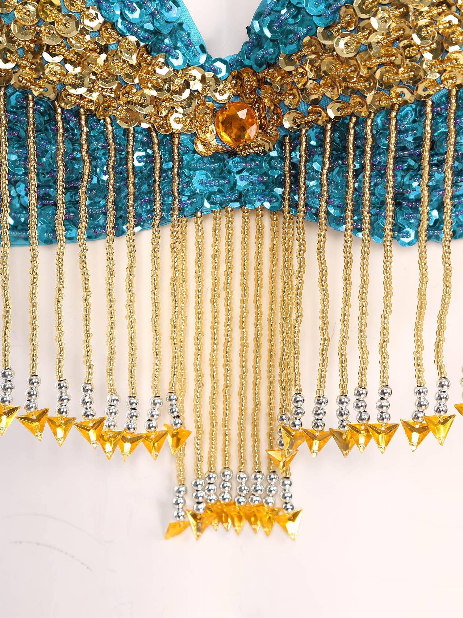 Women 2pcs Sequins Beaded Tassels Bra and Side Split Pants Belly Dance Set