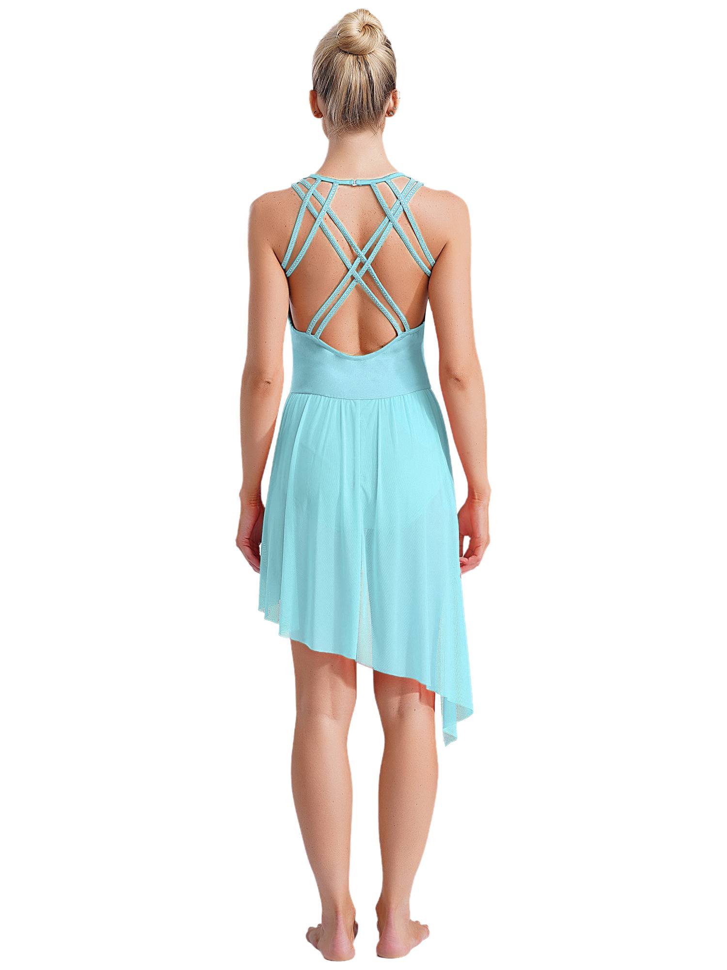 Women Sleeveless Crisscross Back Flower Adorned Asymmetric Lyrical Dance Dress