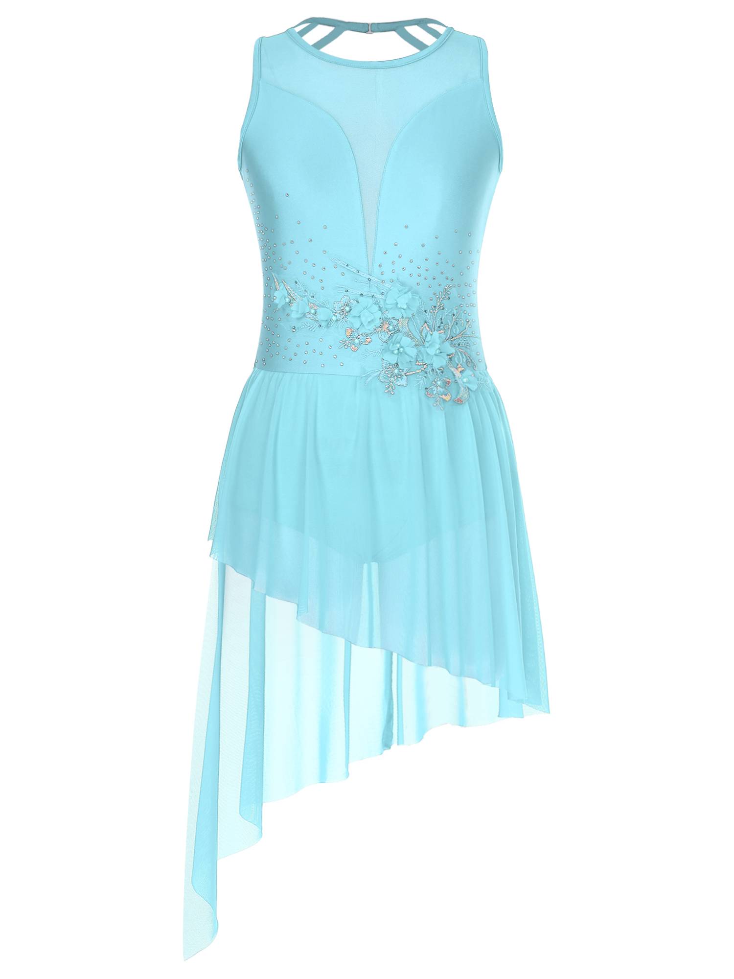 Women Sleeveless Crisscross Back Flower Adorned Asymmetric Lyrical Dance Dress