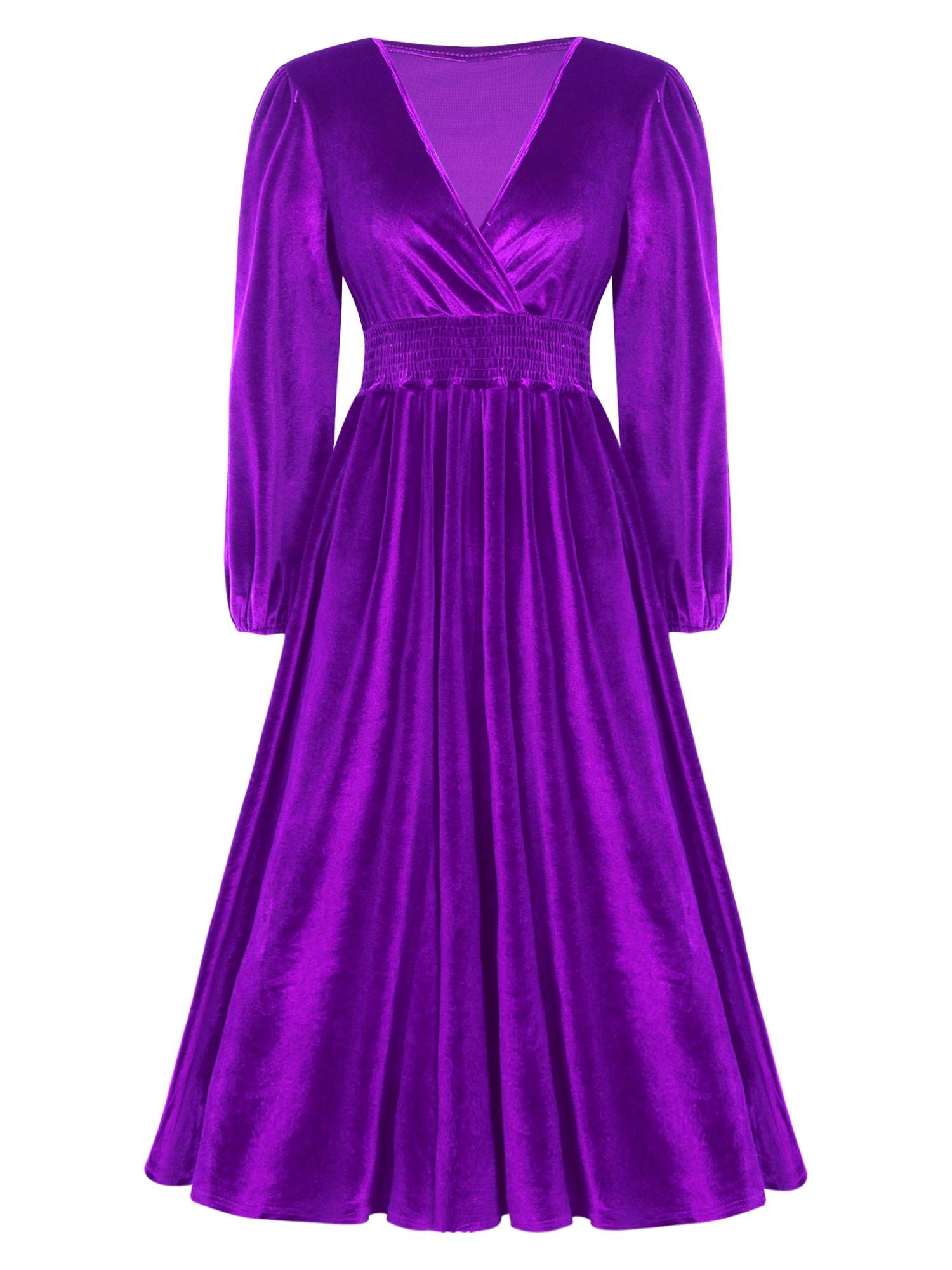 Women Long Sleeve V-neck Solid Color Velvet A-line Cocktail Dress