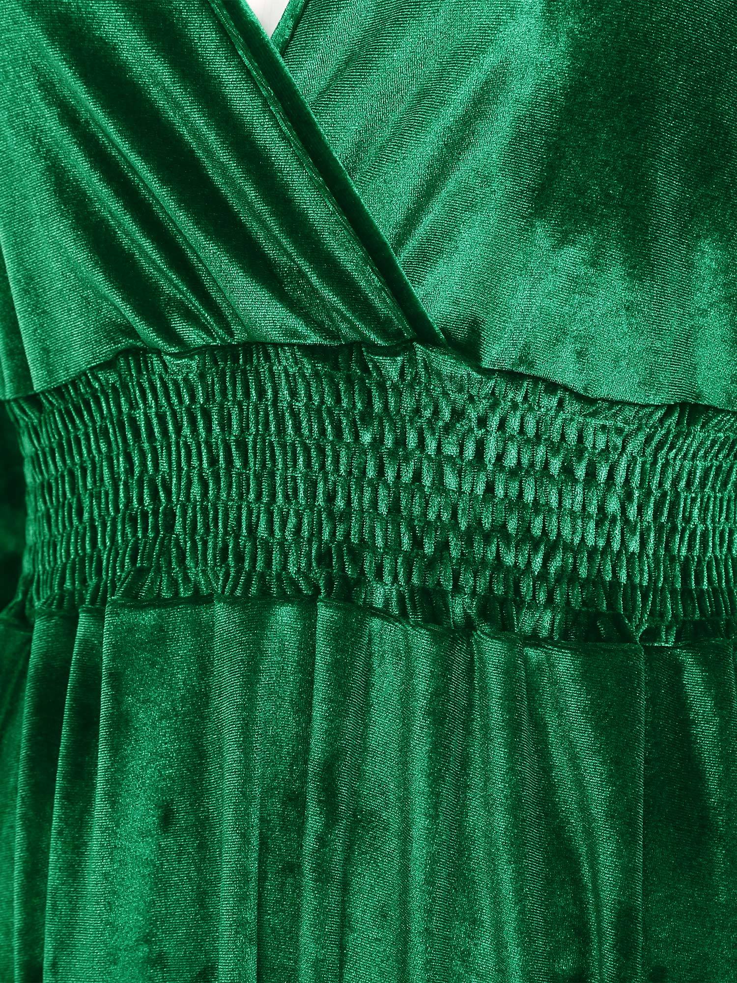 Women Long Sleeve V-neck Solid Color Velvet A-line Cocktail Dress