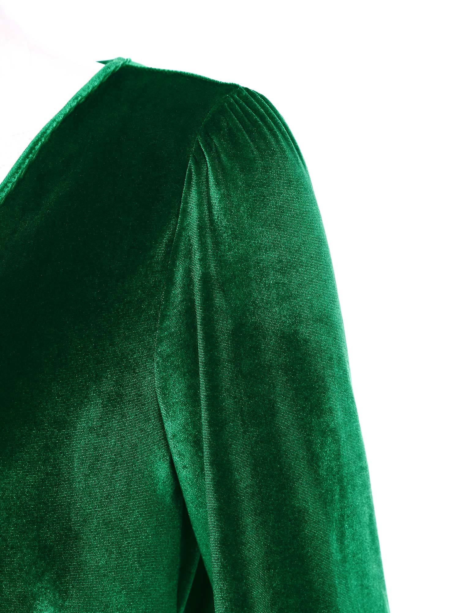 Women Long Sleeve V-neck Solid Color Velvet A-line Cocktail Dress