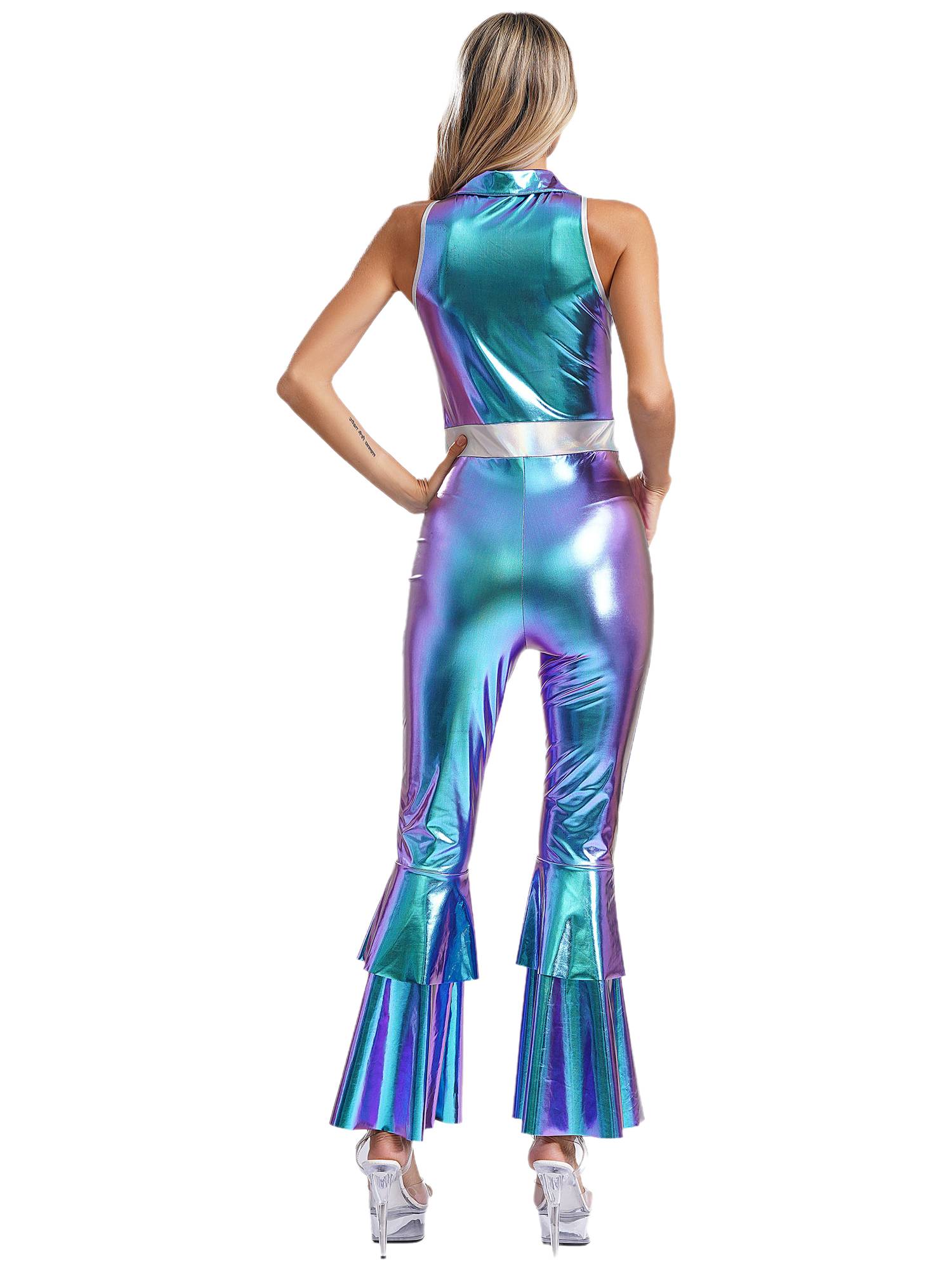 Women Metallic Sleeveless Lapel Disco Dance Jumpsuit
