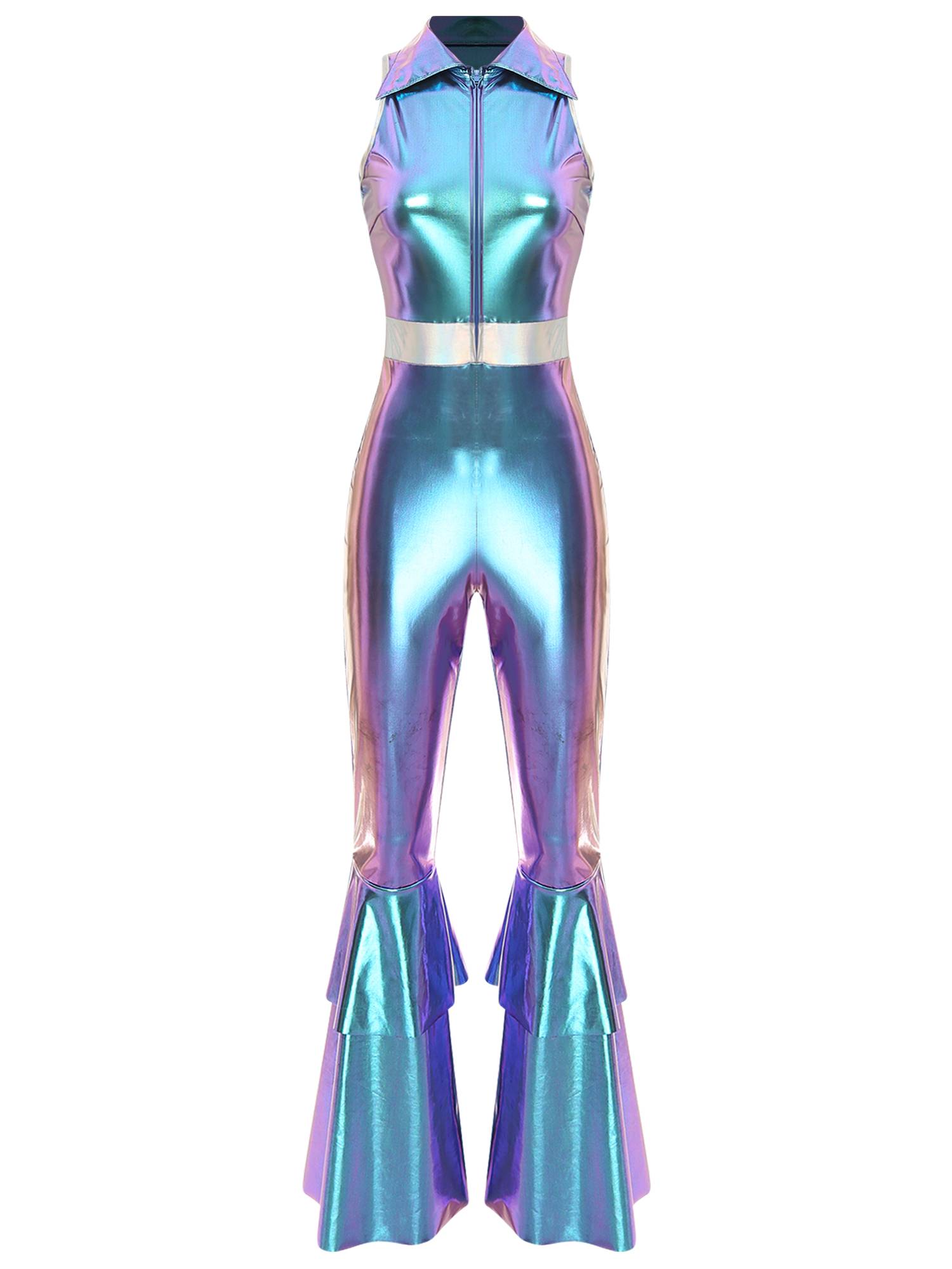 Women Metallic Sleeveless Lapel Disco Dance Jumpsuit