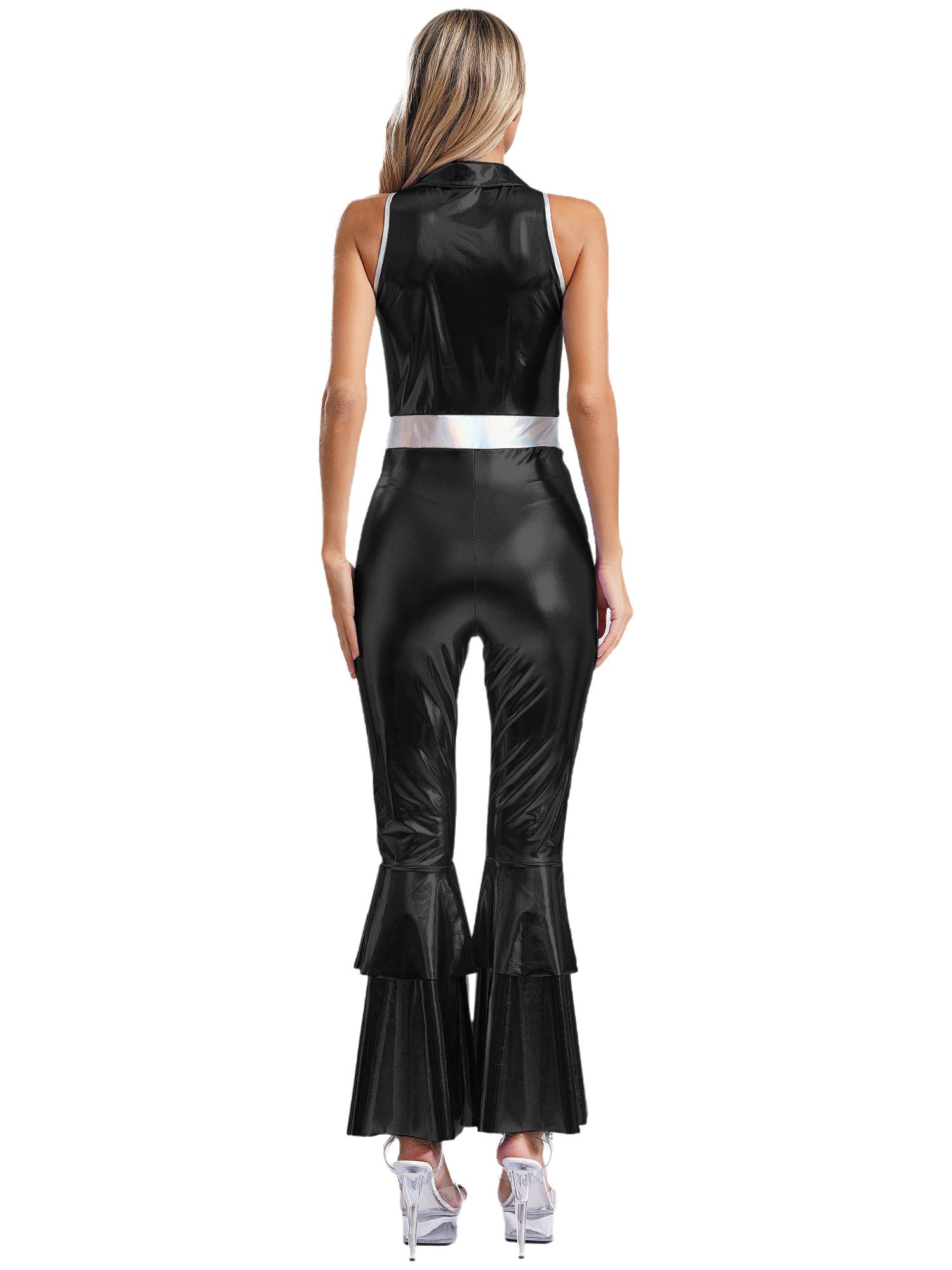 Women Metallic Sleeveless Lapel Disco Dance Jumpsuit
