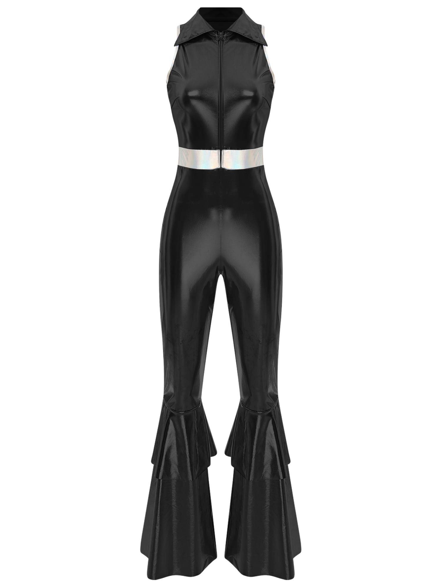 Women Metallic Sleeveless Lapel Disco Dance Jumpsuit
