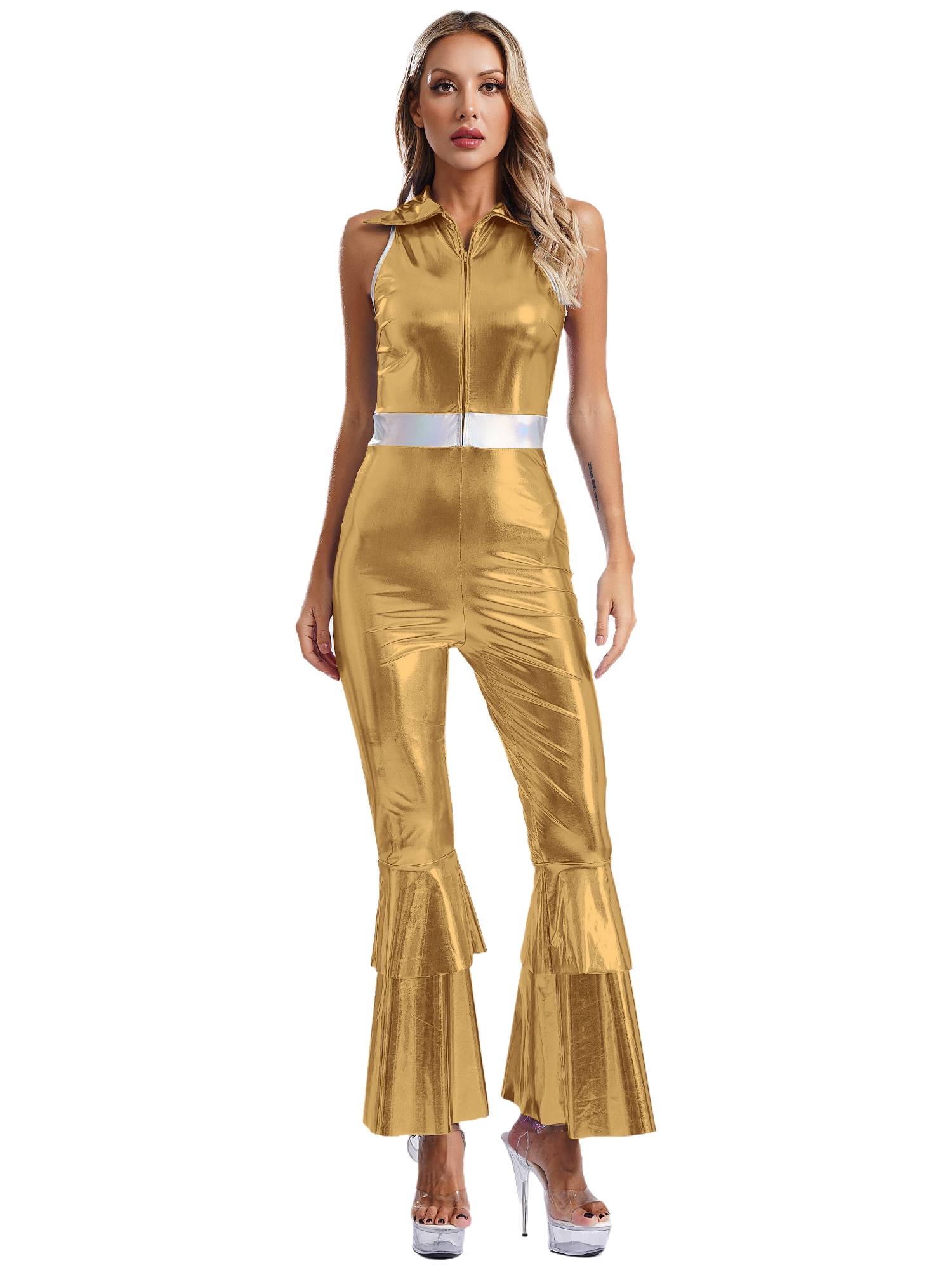 Women Metallic Sleeveless Lapel Disco Dance Jumpsuit