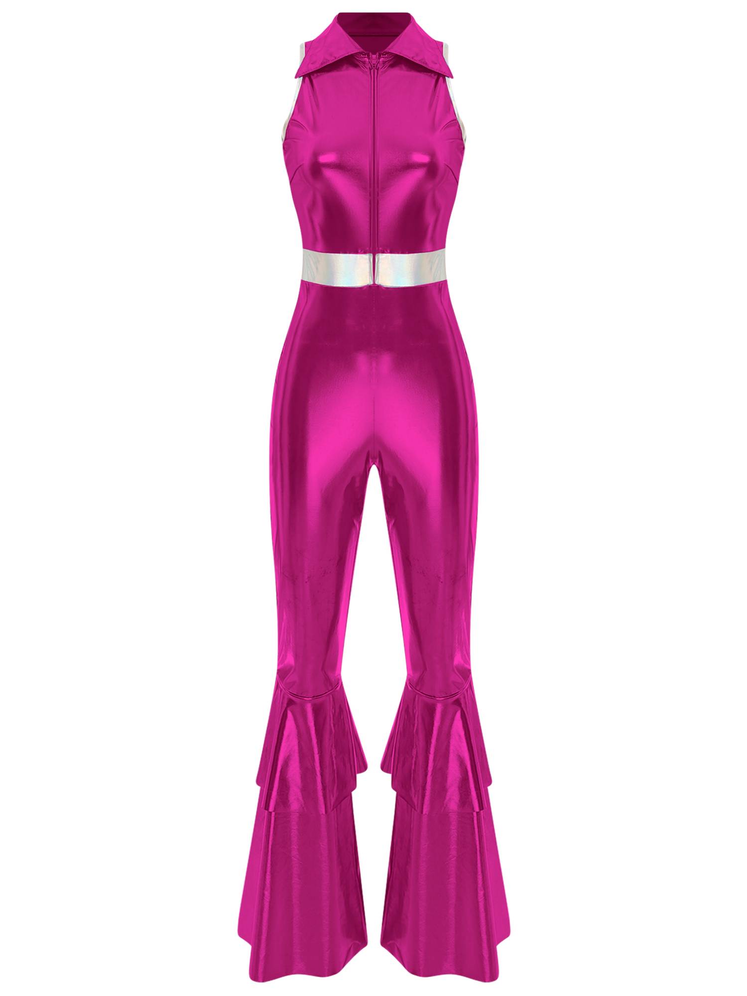Women Metallic Sleeveless Lapel Disco Dance Jumpsuit