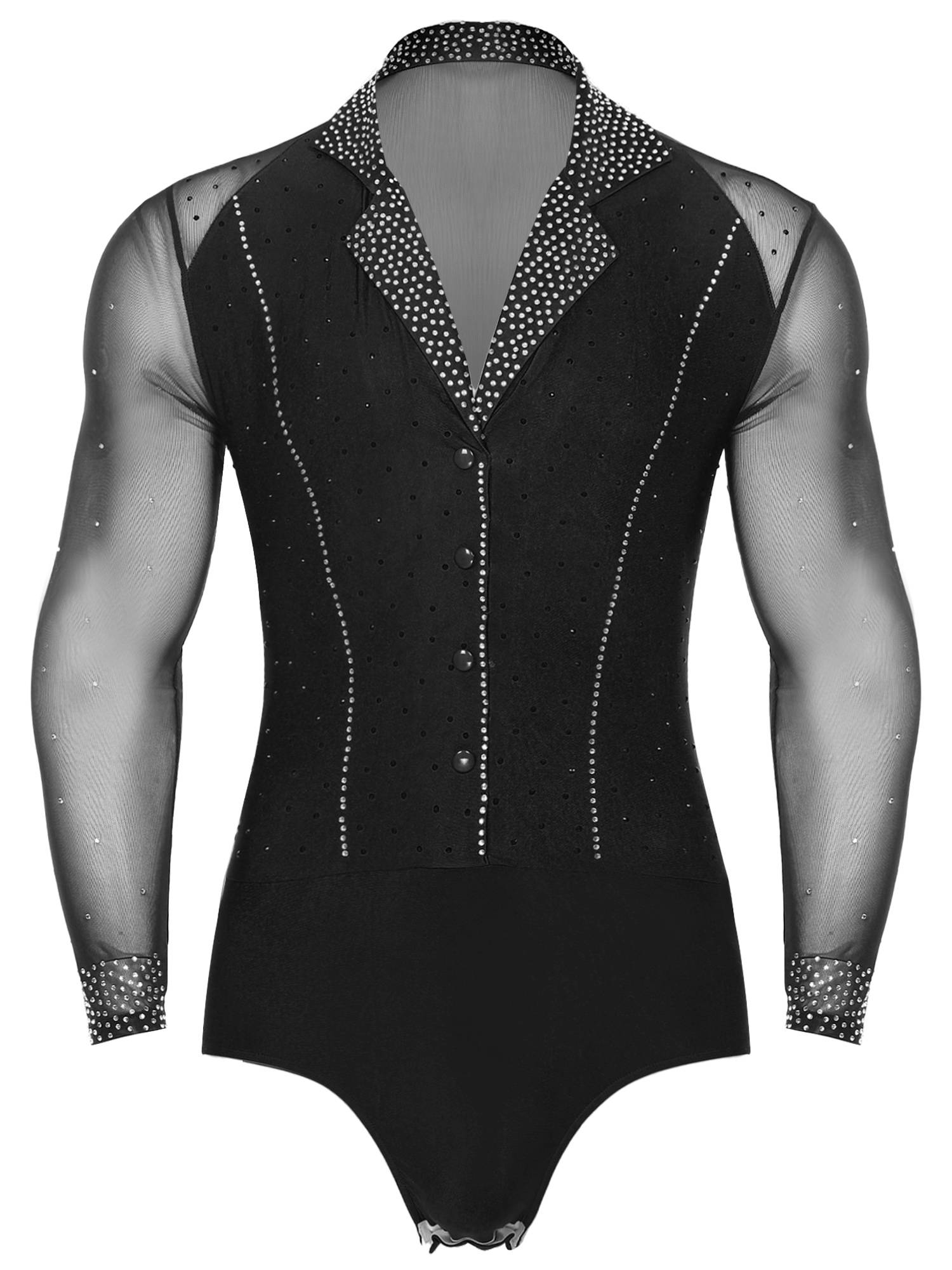 Men Lapel Collar Long Sleeve Sheer Mesh Rhinestone Latin Dance Leotard