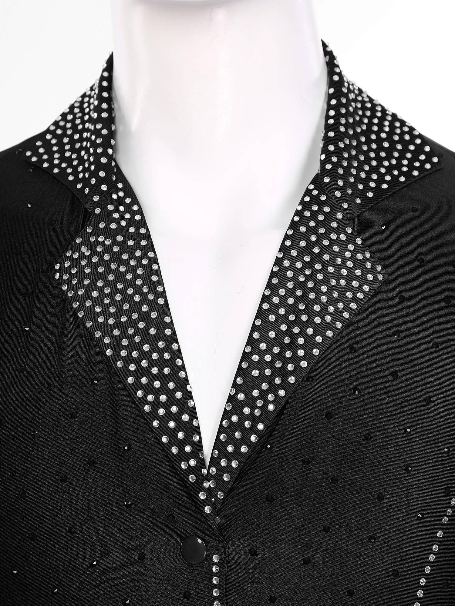 Men Lapel Collar Long Sleeve Sheer Mesh Rhinestone Latin Dance Leotard