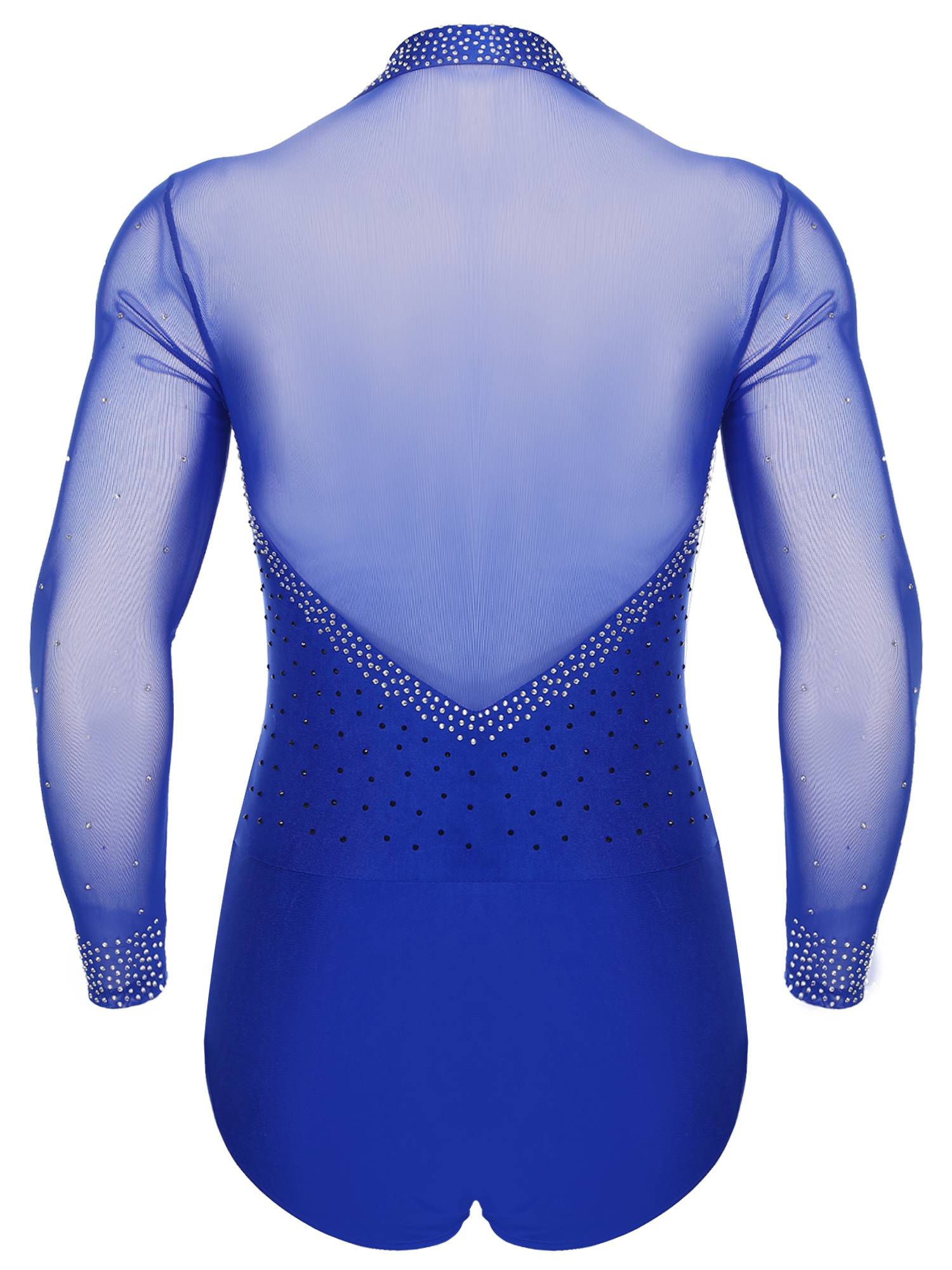 Men Lapel Collar Long Sleeve Sheer Mesh Rhinestone Latin Dance Leotard