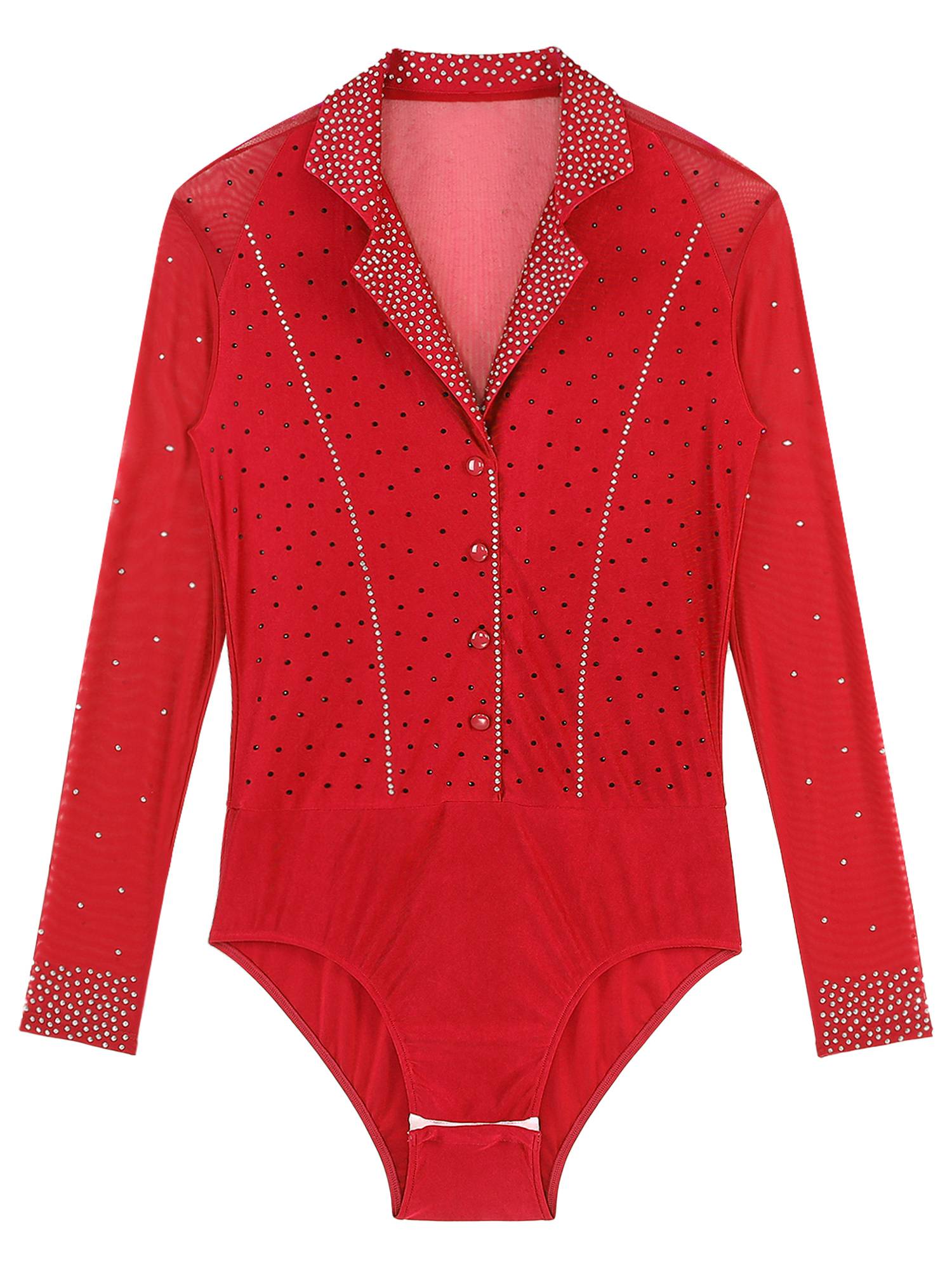 Men Lapel Collar Long Sleeve Sheer Mesh Rhinestone Latin Dance Leotard