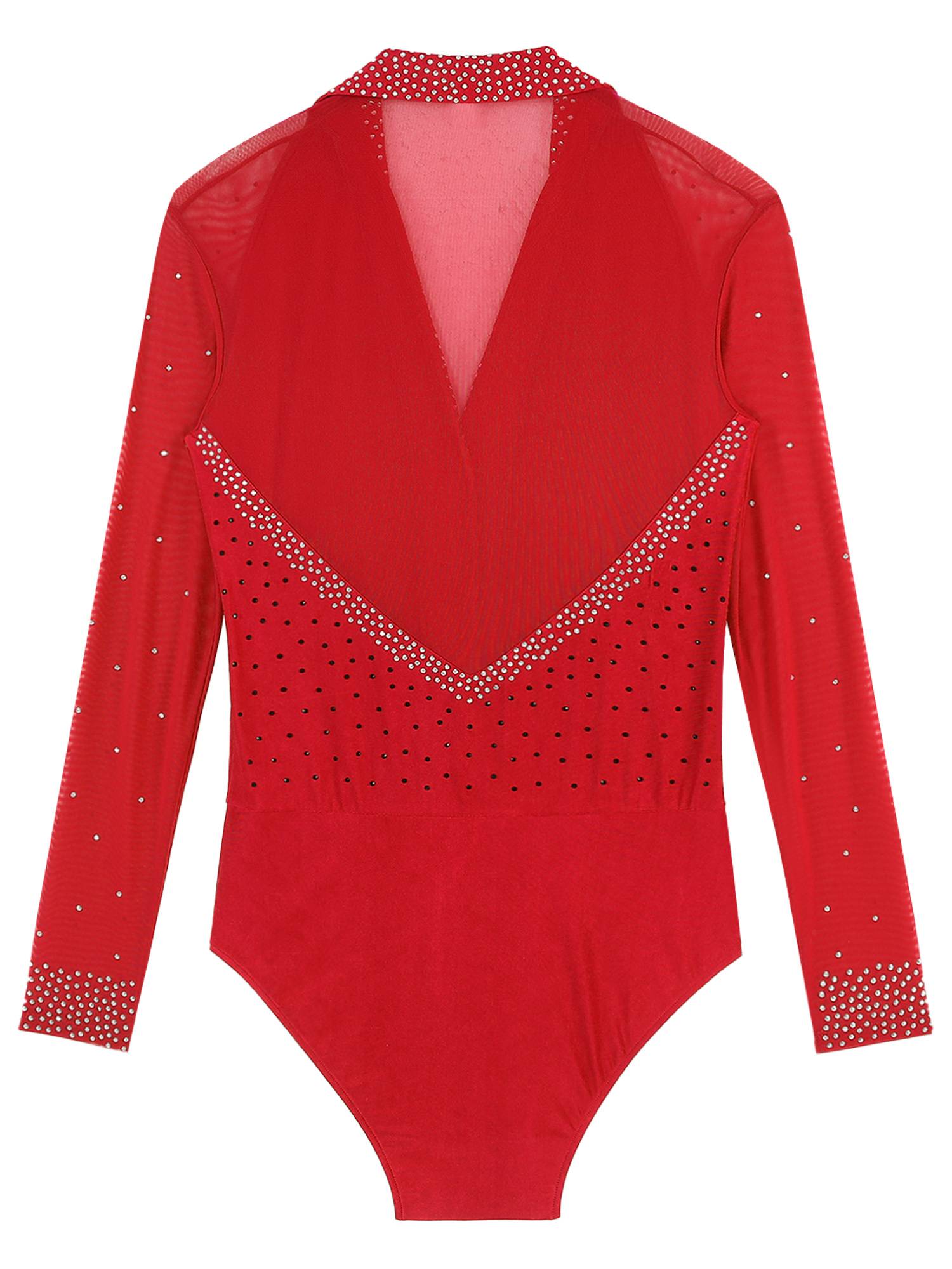 Men Lapel Collar Long Sleeve Sheer Mesh Rhinestone Latin Dance Leotard