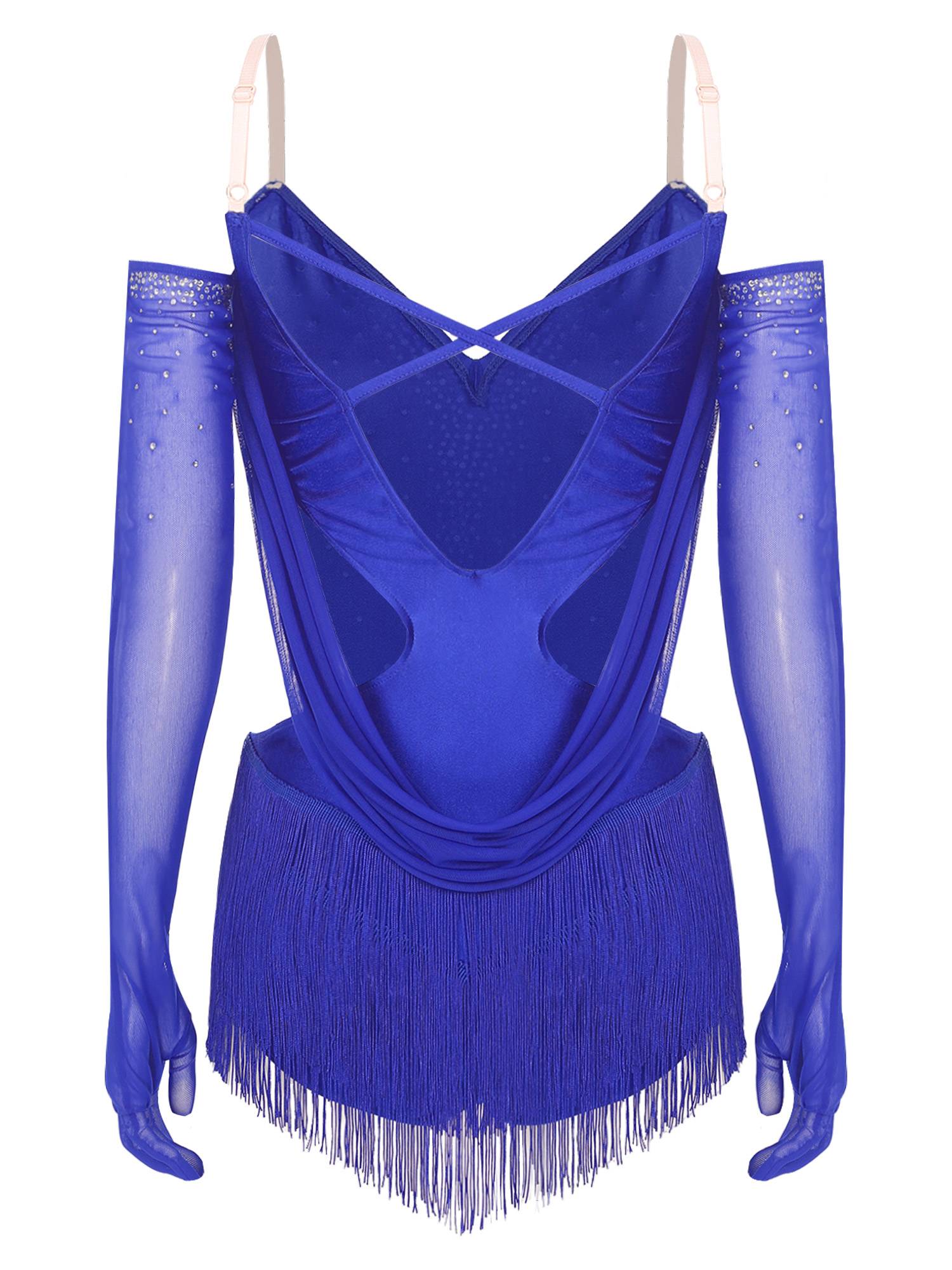 Women V Neck Ruched Mesh Drapes Tassel Latin Dance Leotard with Gloves