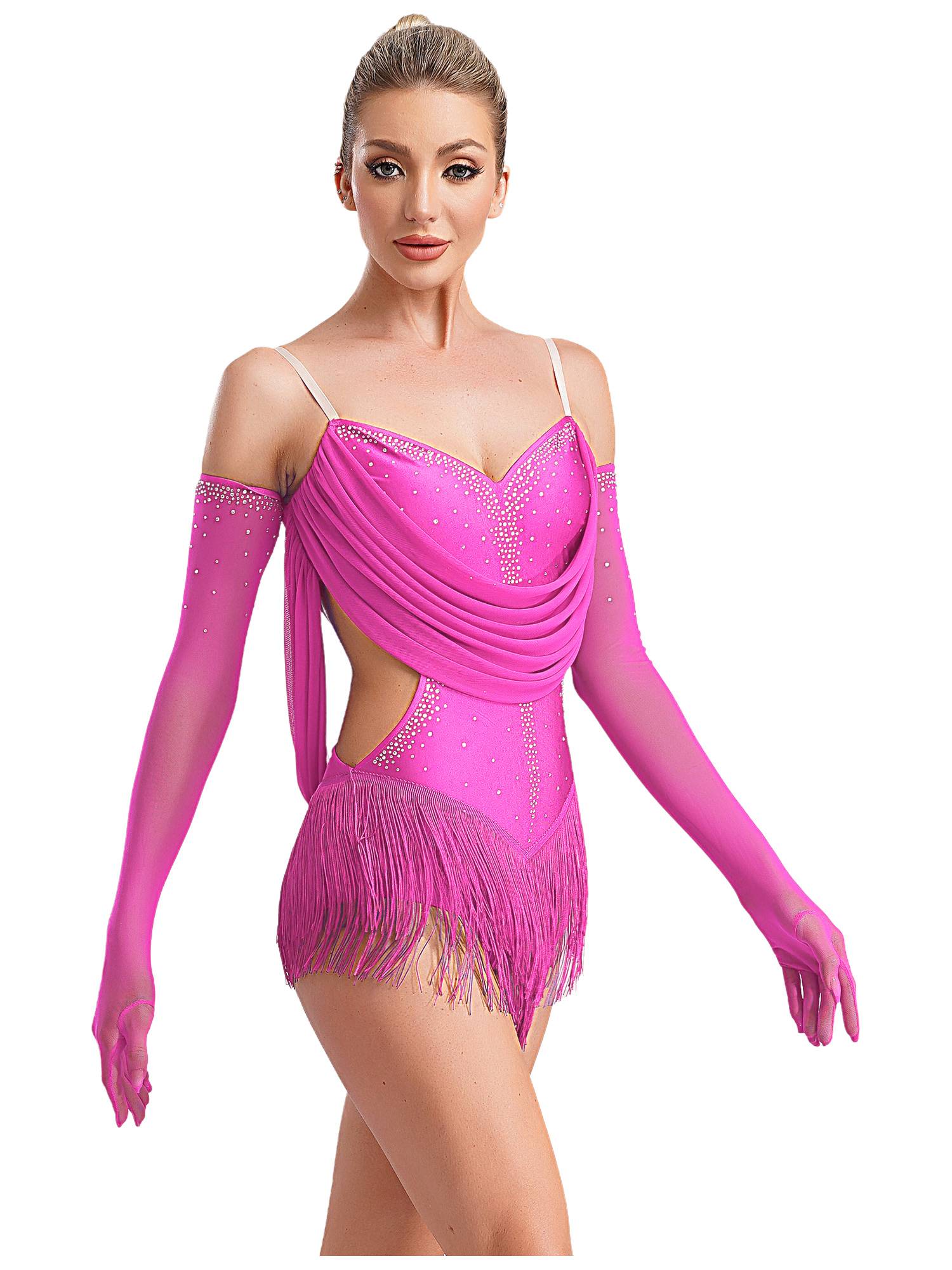 Women V Neck Ruched Mesh Drapes Tassel Latin Dance Leotard with Gloves