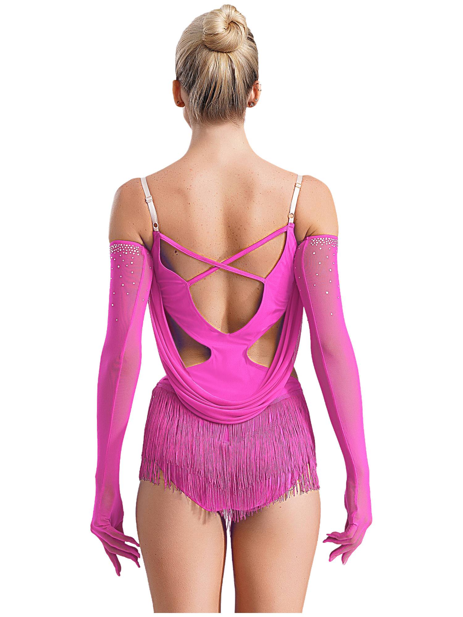 Women V Neck Ruched Mesh Drapes Tassel Latin Dance Leotard with Gloves