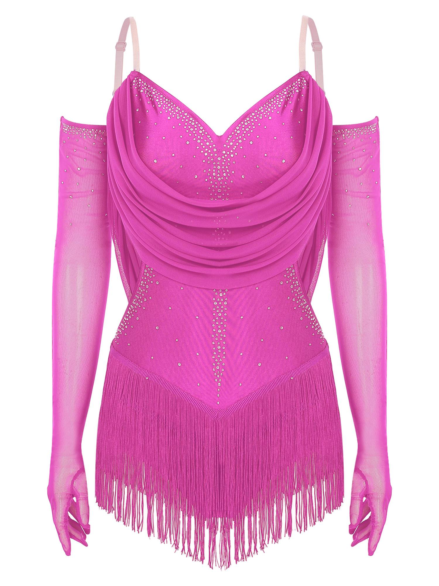 Women V Neck Ruched Mesh Drapes Tassel Latin Dance Leotard with Gloves