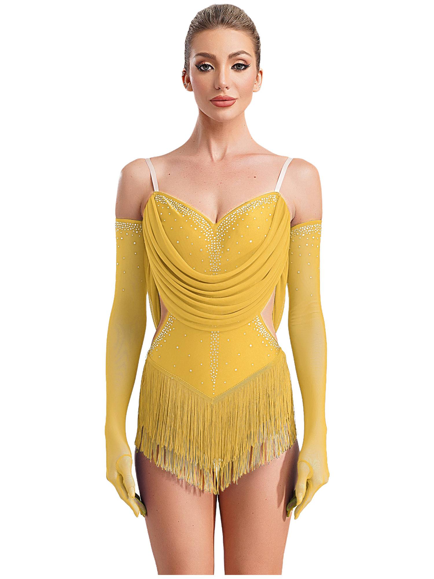 Women V Neck Ruched Mesh Drapes Tassel Latin Dance Leotard with Gloves