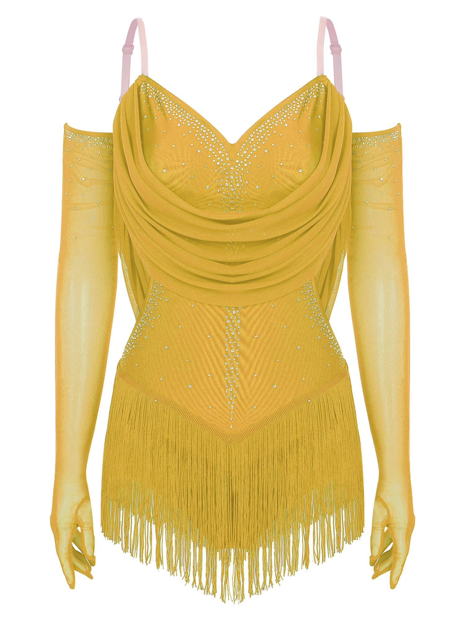 Women V Neck Ruched Mesh Drapes Tassel Latin Dance Leotard with Gloves