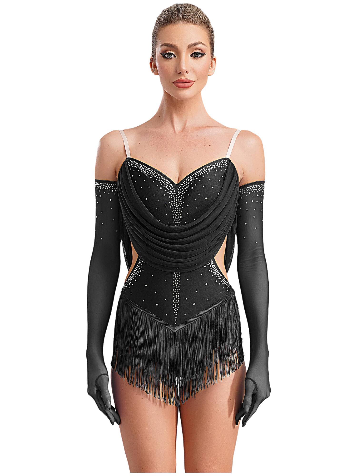 Women V Neck Ruched Mesh Drapes Tassel Latin Dance Leotard with Gloves