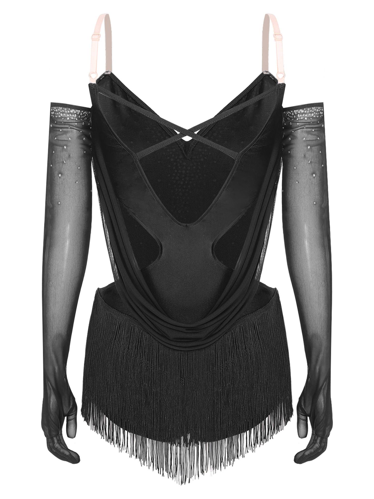Women V Neck Ruched Mesh Drapes Tassel Latin Dance Leotard with Gloves