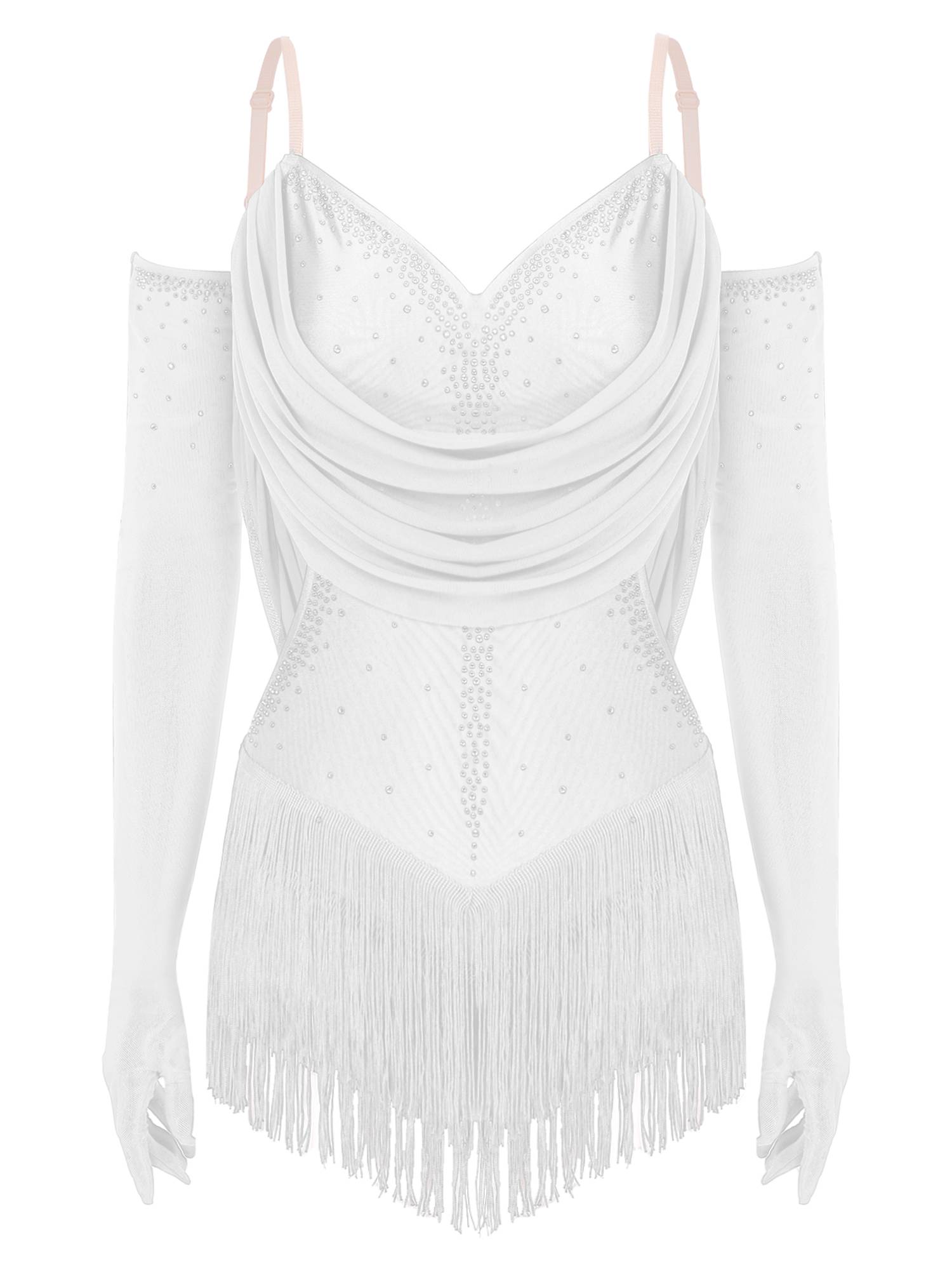 Women V Neck Ruched Mesh Drapes Tassel Latin Dance Leotard with Gloves