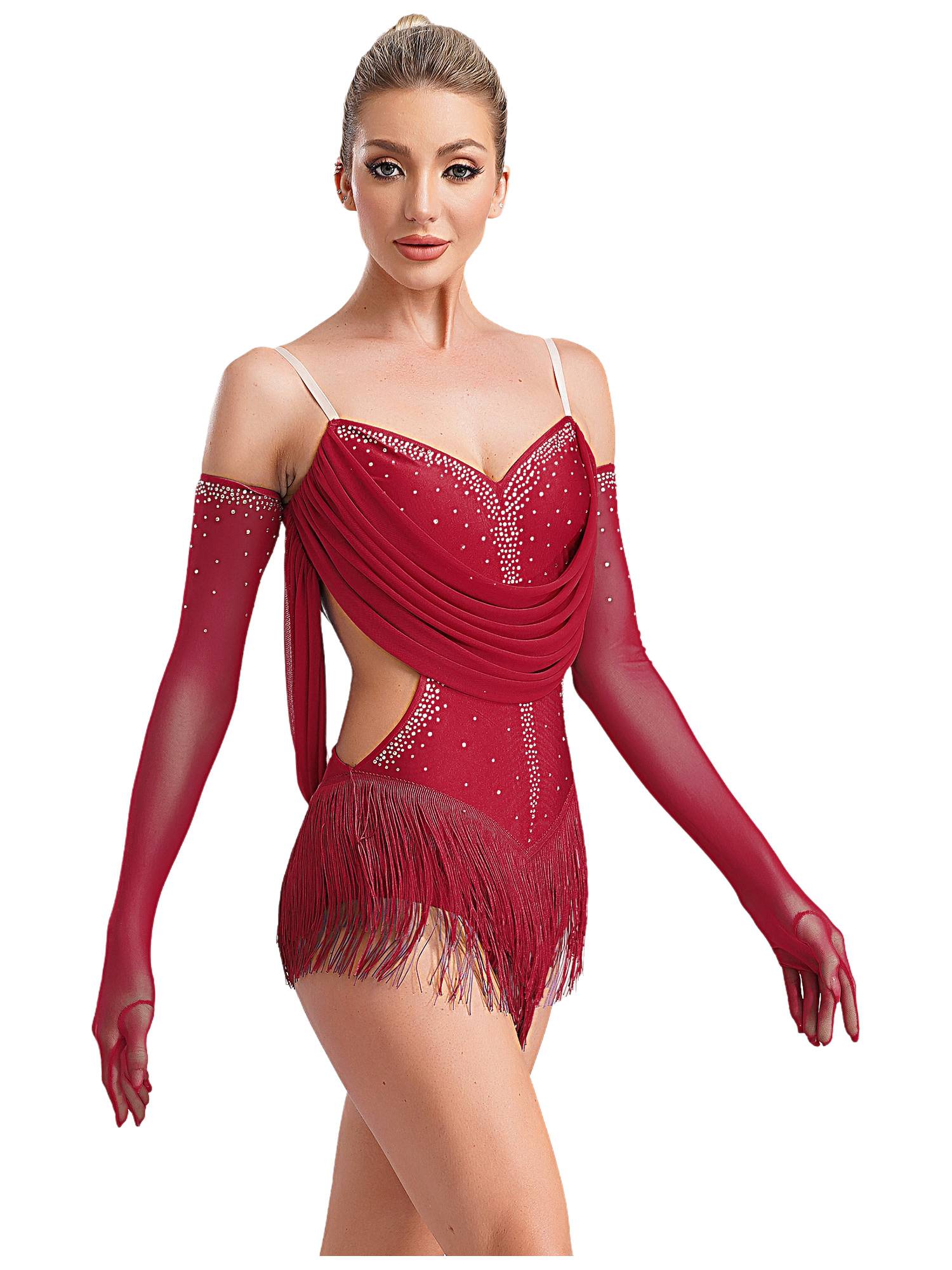 Women V Neck Ruched Mesh Drapes Tassel Latin Dance Leotard with Gloves
