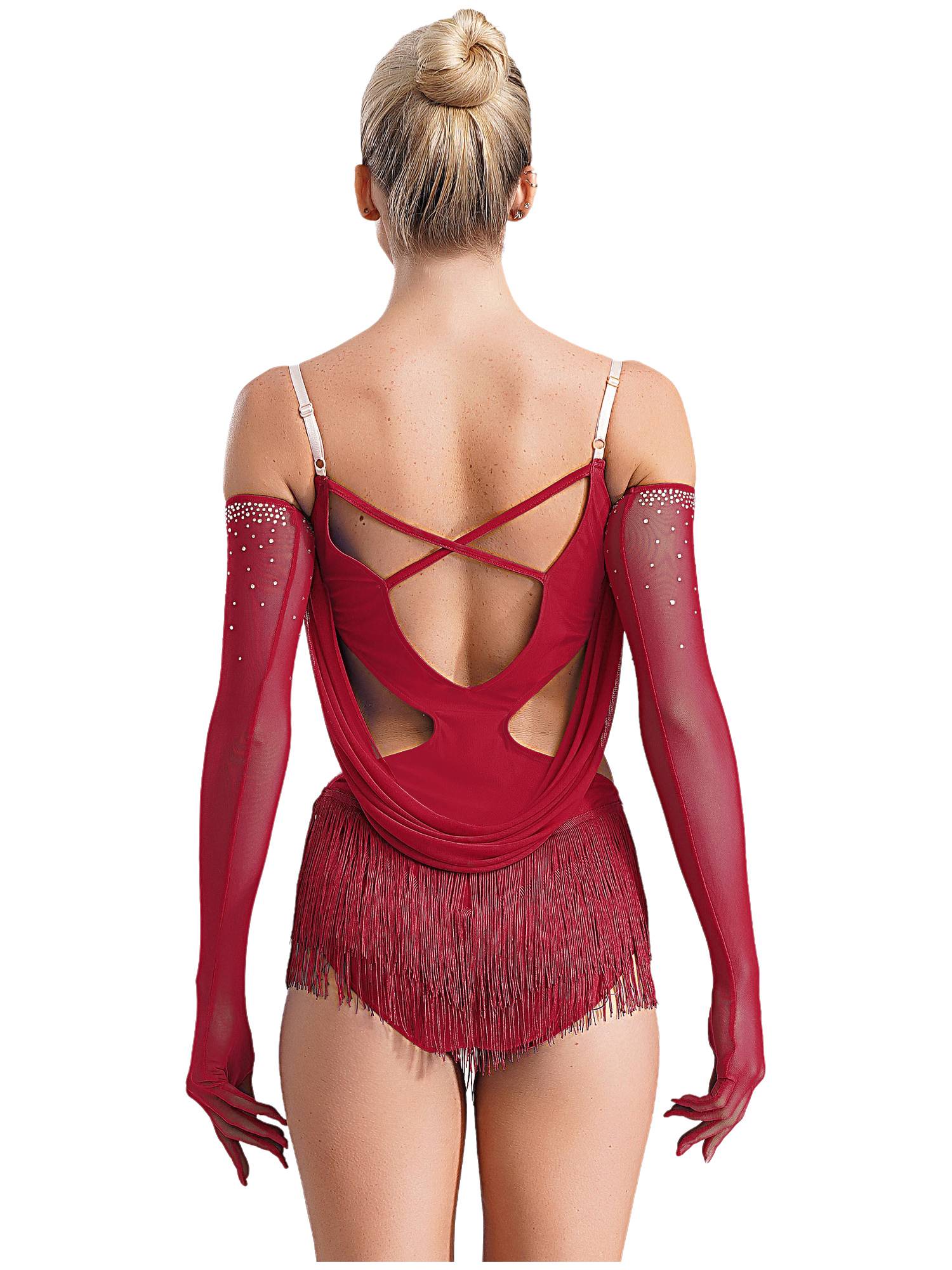 Women V Neck Ruched Mesh Drapes Tassel Latin Dance Leotard with Gloves