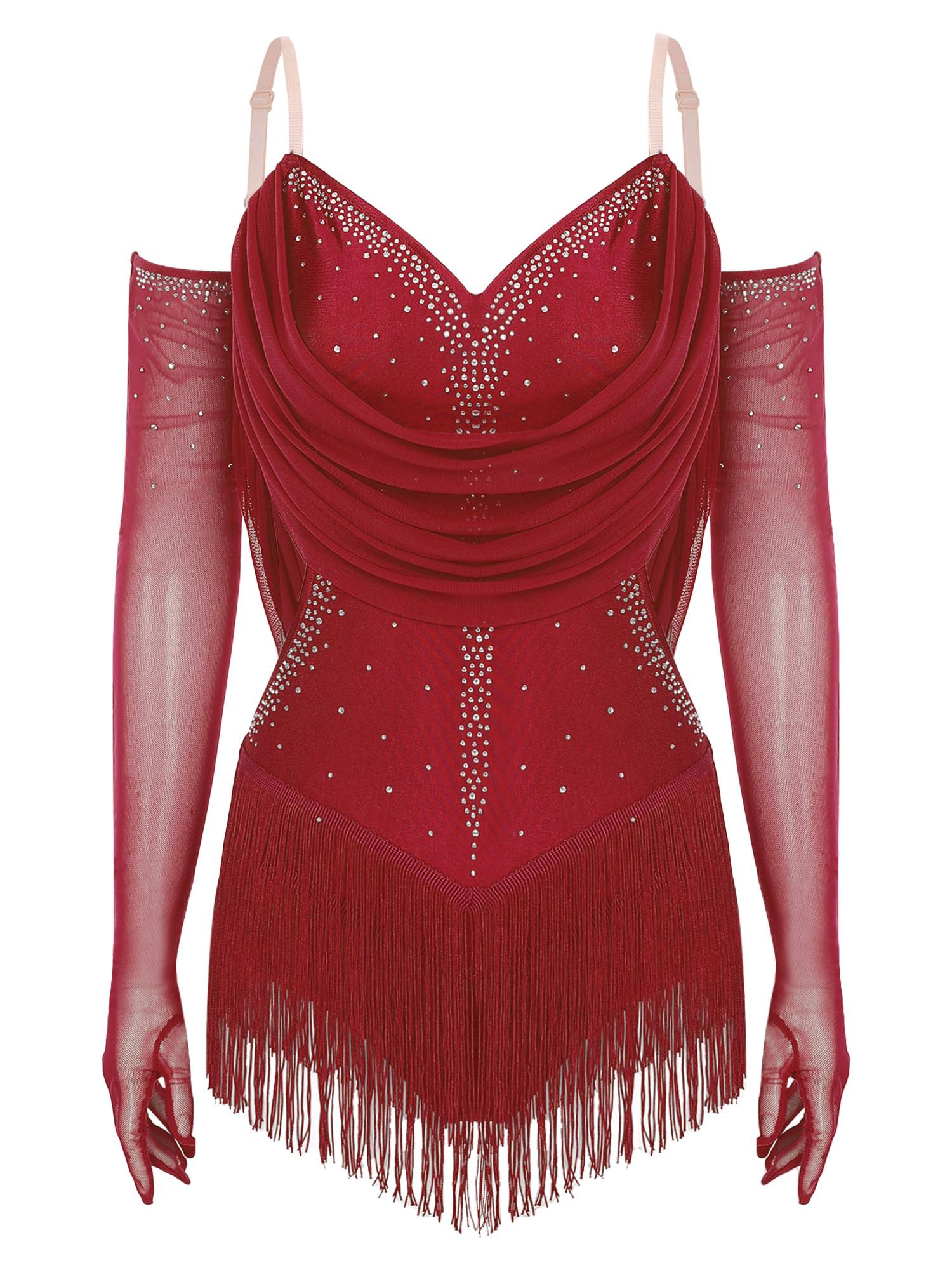 Women V Neck Ruched Mesh Drapes Tassel Latin Dance Leotard with Gloves