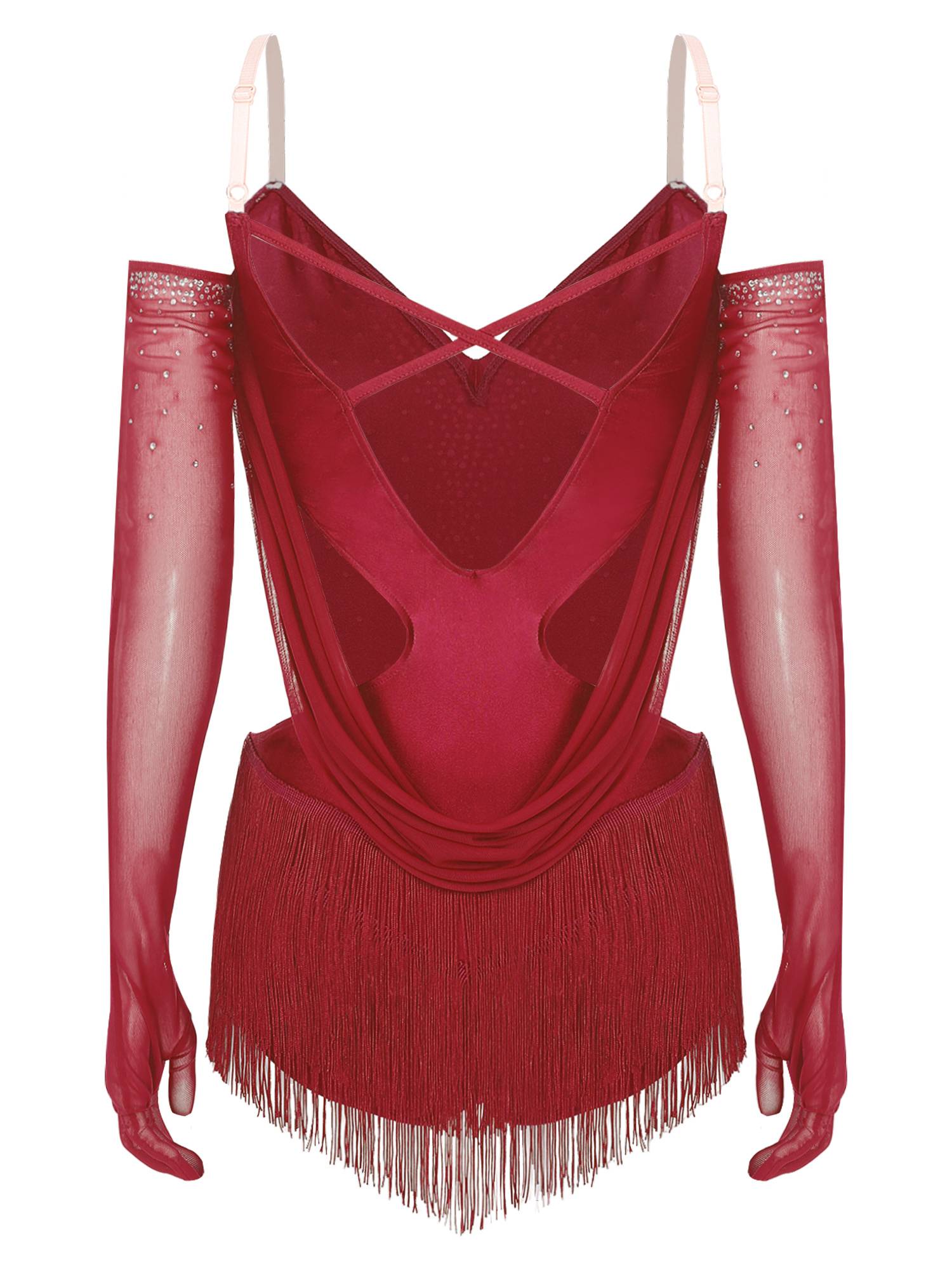Women V Neck Ruched Mesh Drapes Tassel Latin Dance Leotard with Gloves