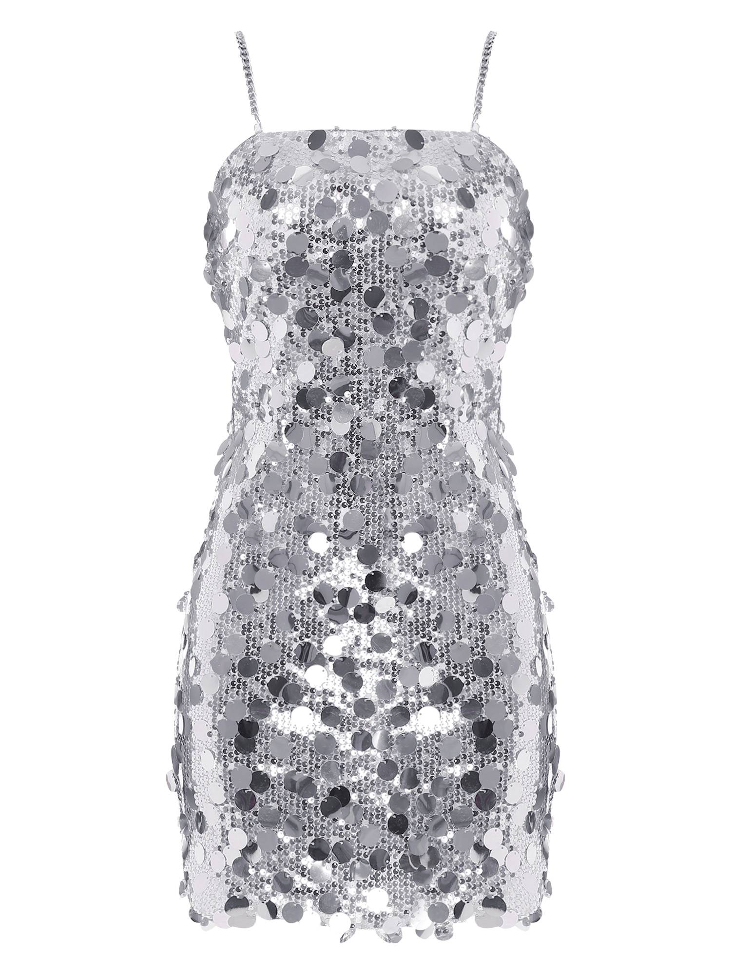 Women Sleeveless Sequins Metal Chain Straps Bodycon Mini Dress for Party