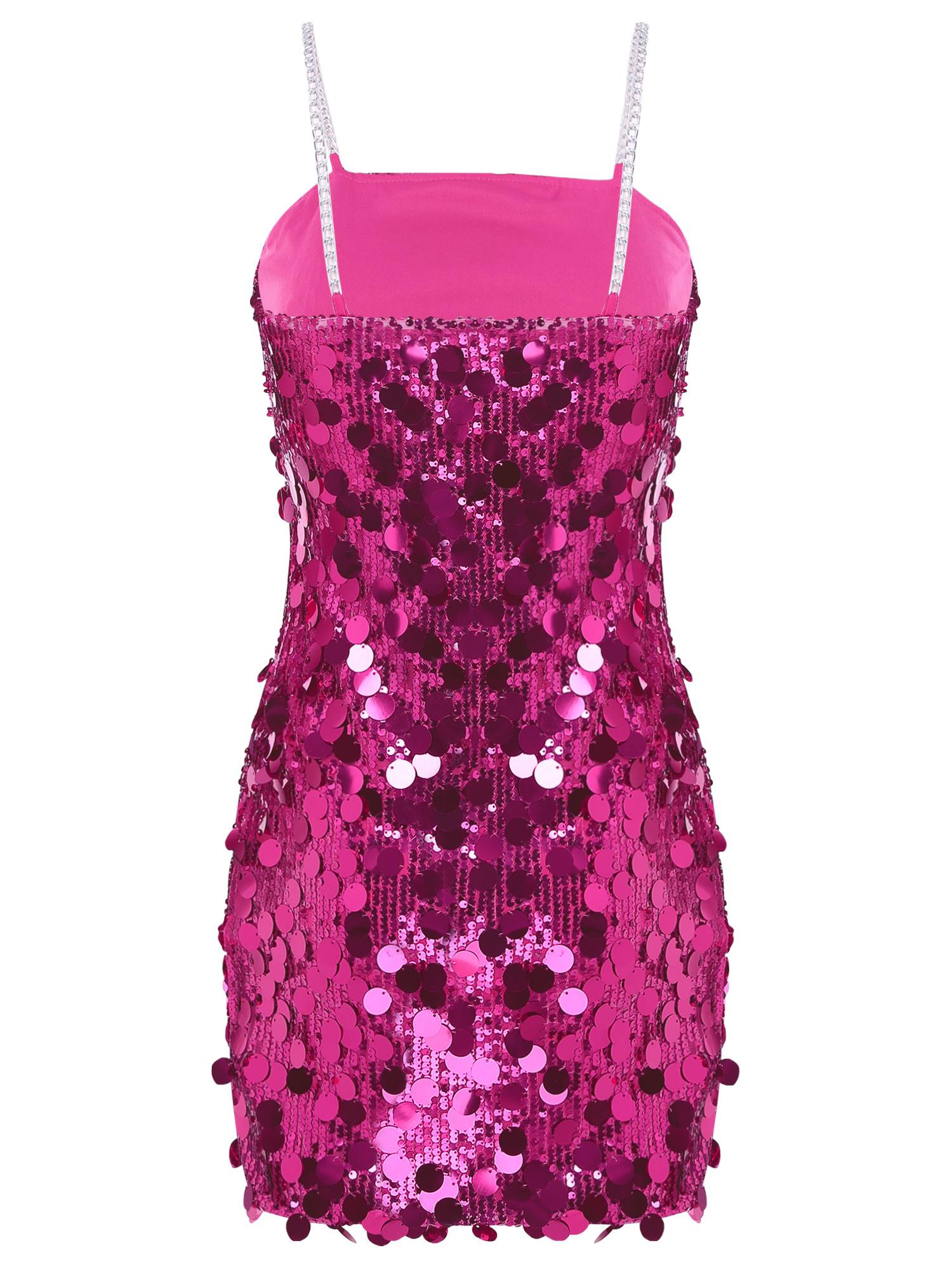 Women Sleeveless Sequins Metal Chain Straps Bodycon Mini Dress for Party