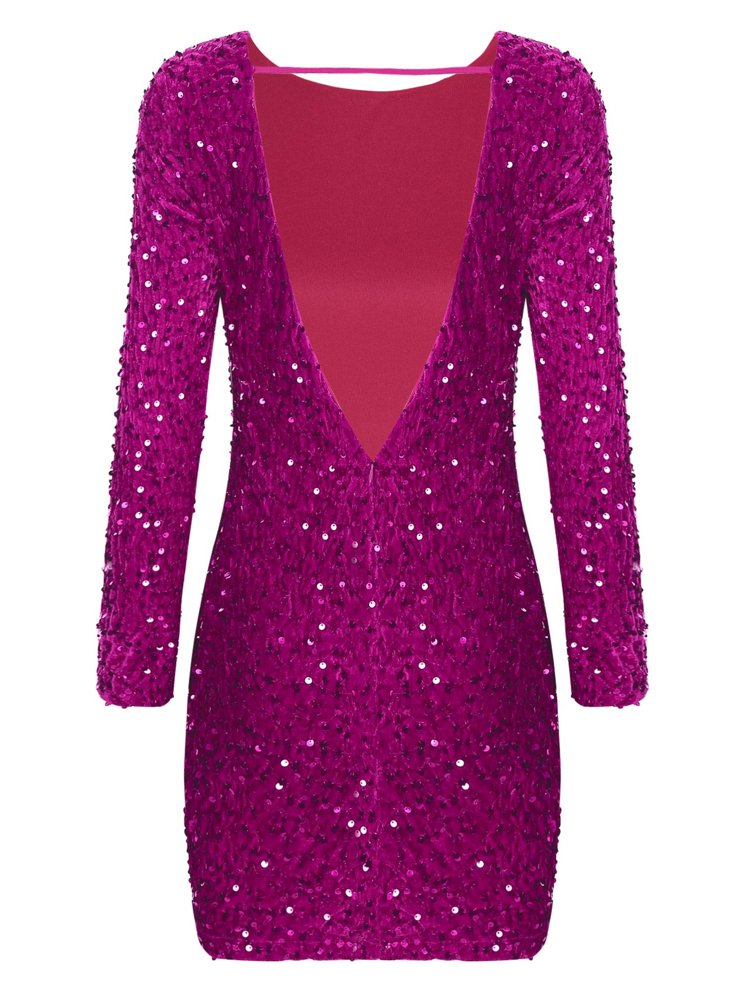 Women Long Sleeve Backless Sequin Bodycon Dress for Cocktail