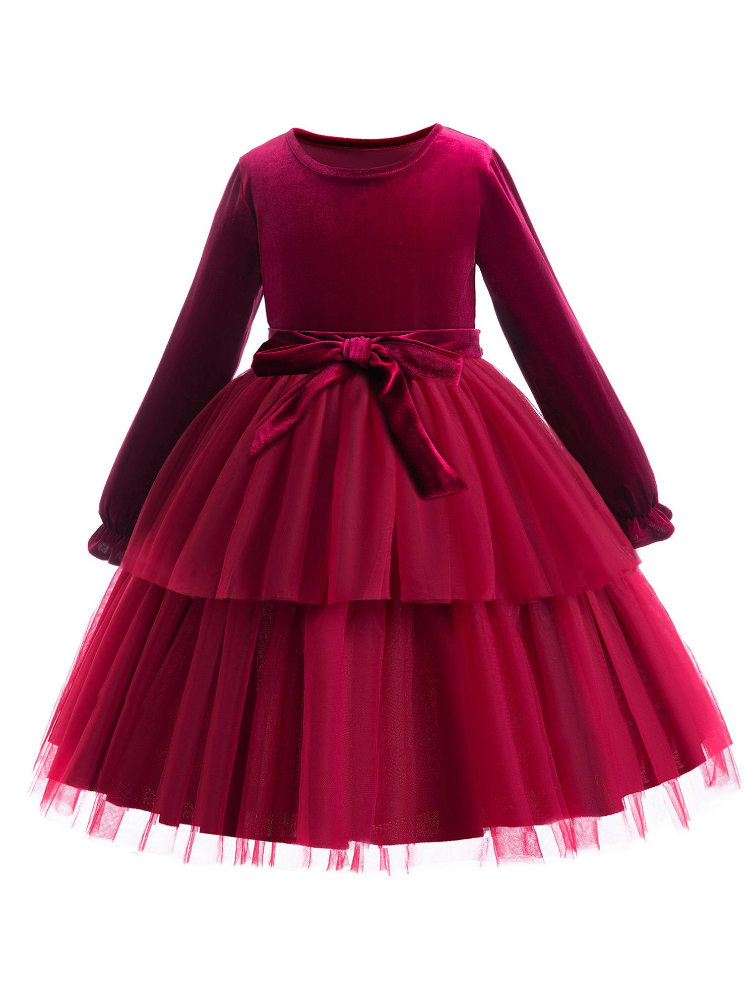 Toddler Girls Long Sleeve Mesh Ruffled Princess Dress with Bowknot Belt